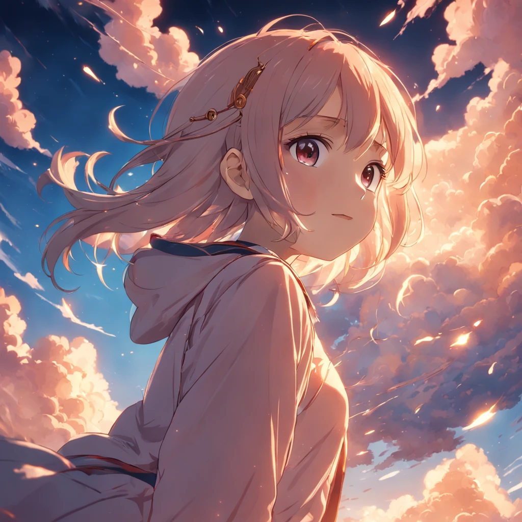 masterpiece, best quality, movie still, 1girl, cloud girl, floating in the sky, close-up, bright, happy, warm soft lighting, sunset, (sparks:0.7)