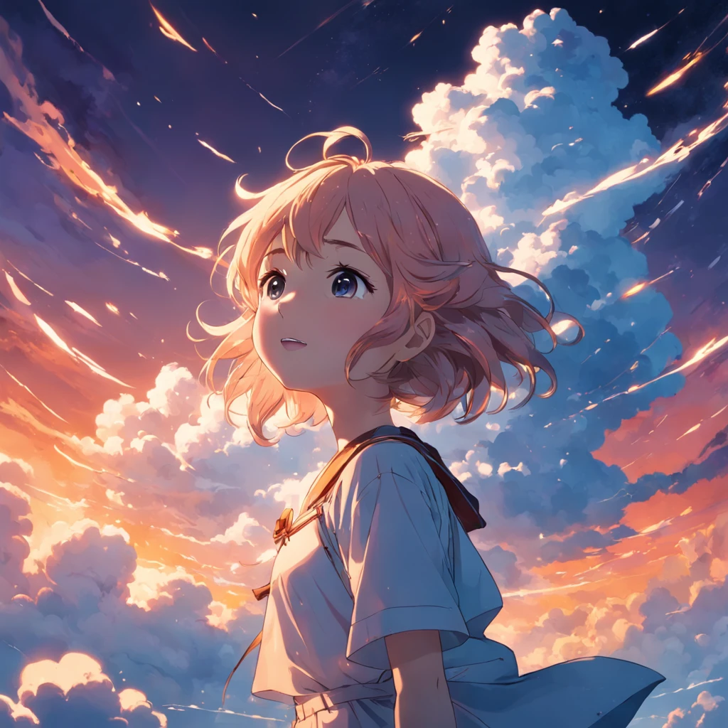 masterpiece, best quality, movie still, 1girl, cloud girl, floating in the sky, close-up, bright, happy, warm soft lighting, sunset, (sparks:0.7)