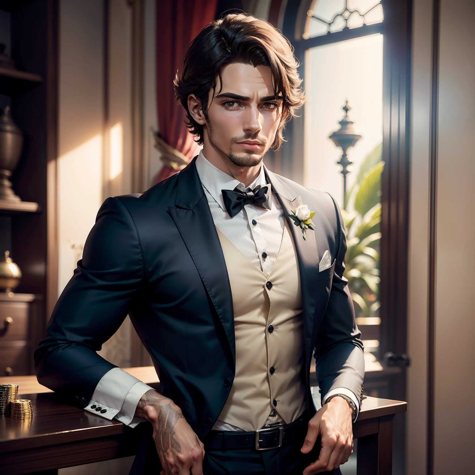 Homem de terno e gravata, sentado no cassino, corpo todo, rich.