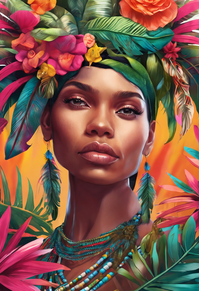 beautiful woman wearing fantastic hand-dyed cotton clothes, embellished beaded feather decorative fringe knots, colorful pigtail , subtropical flowers and plants, symmetrical face, intricate, elegant, highly detailed, 8k, digital painting,trending on pinterest, harper’s bazaar, concept, art, sharp focus, illustration