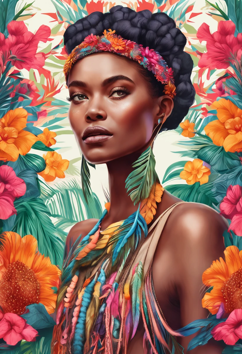 beautiful woman wearing fantastic hand-dyed cotton clothes, embellished beaded feather decorative fringe knots, colorful pigtail , subtropical flowers and plants, symmetrical face, intricate, elegant, highly detailed, 8k, digital painting,trending on pinterest, harper’s bazaar, concept, art, sharp focus, illustration