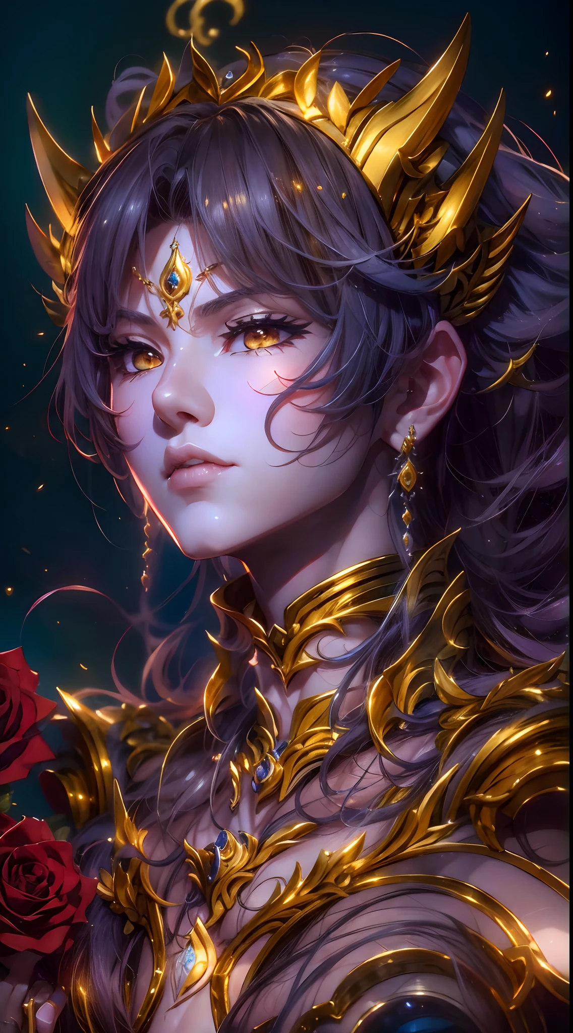 Pisces Golden Saint Seiya，The mouth bites into a red rose，Full body like，combats，Close-up，of a real，Facial features are carefully depicted，Realistic skin texture，Dark style，depth of fields，high light，Real light，Ray traching，oc rendered，Hyper-realistic，best qualtiy，8K，Works of masters，super-fine，Detailed pubic hair，Correct anatomy，sharp focus on eyes，Bokeh，Facial features are carefully depicted