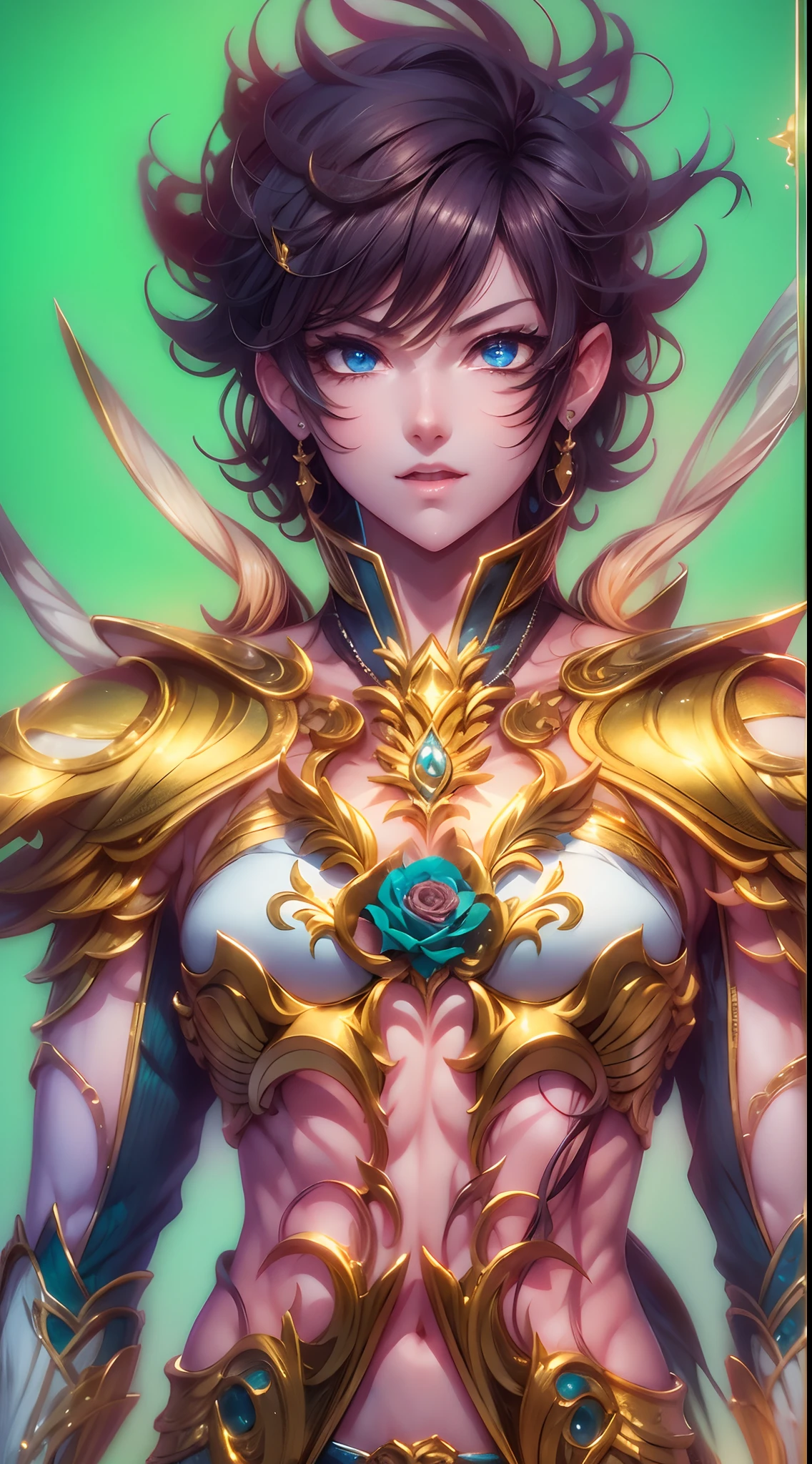 Pisces Golden Saint Seiya,The mouth bites into a red rose,Full body like,combats,Close-up,of a real,Facial features are carefully depicted,Realistic skin texture,Dark style,depth of fields,high light,Real light,Ray traching,oc rendered,Hyper-realistic,best qualtiy,8K,Works of masters,super-fine,Detailed pubic hair,Correct anatomy,sharp focus on eyes,Bokeh,Facial features are carefully depicted