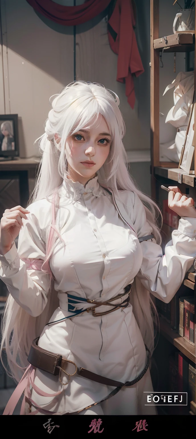 Close-up of a girl with white hair and a pink shirt, ses cheveux sont blancs, Anime girl cosplay, Anime girl in real life, Perfect white haired girl, anime-inspired, Anime cosplay, long  white hair, anime vibes, Girl with white hair, belle delphine, Long white hair and bangs, Ruan cute vtuber ，Super big breasts，exposed