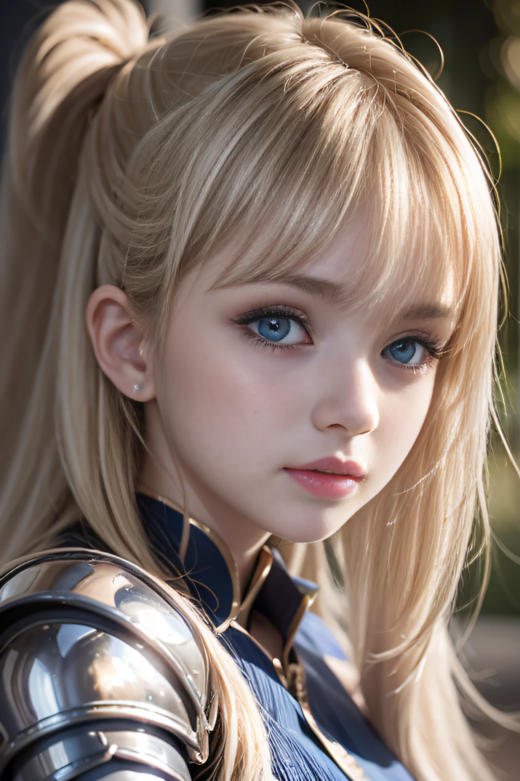 bright expression、poneyTail、Young shiny shiny white shiny skin、Best Looks、Blonde reflected light、Platinum blonde hair with dazzling highlights、shiny light hair,、Super long silky straight hair、Beautiful bangs that shine、Glowing crystal clear attractive big blue eyes、Very beautiful nice cute girl、Lush bust,Beautiful detailed eyes, beautiful detailed nose,(( Full body:1.25)),Makeup that the eyes emphasize、((Pleated skirt with many folds)),(Women like Joan of Arc)、s Armor、Knights, With a sword and shield,Royal style,Comic style, , Sub-surface scattering, ornate detail, nature backdrop, Hyper-realistic, ((Cinematic)), Dramatic Lighting, masutepiece