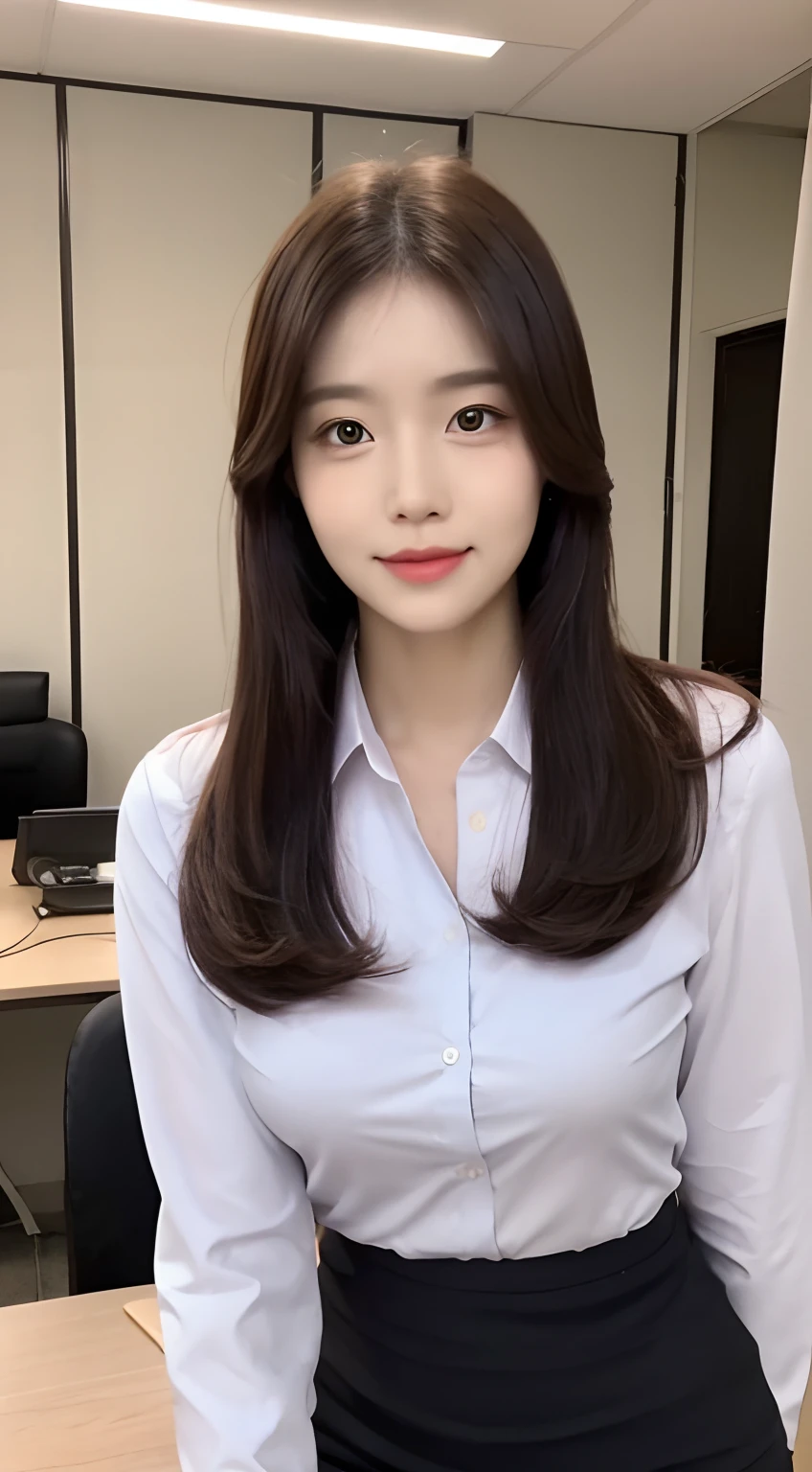 mulher, coreana, Linda, rosto perfeito, corpo inteiro perfeito, dressed as a secretary in her office, sua roupa tem tons de pink