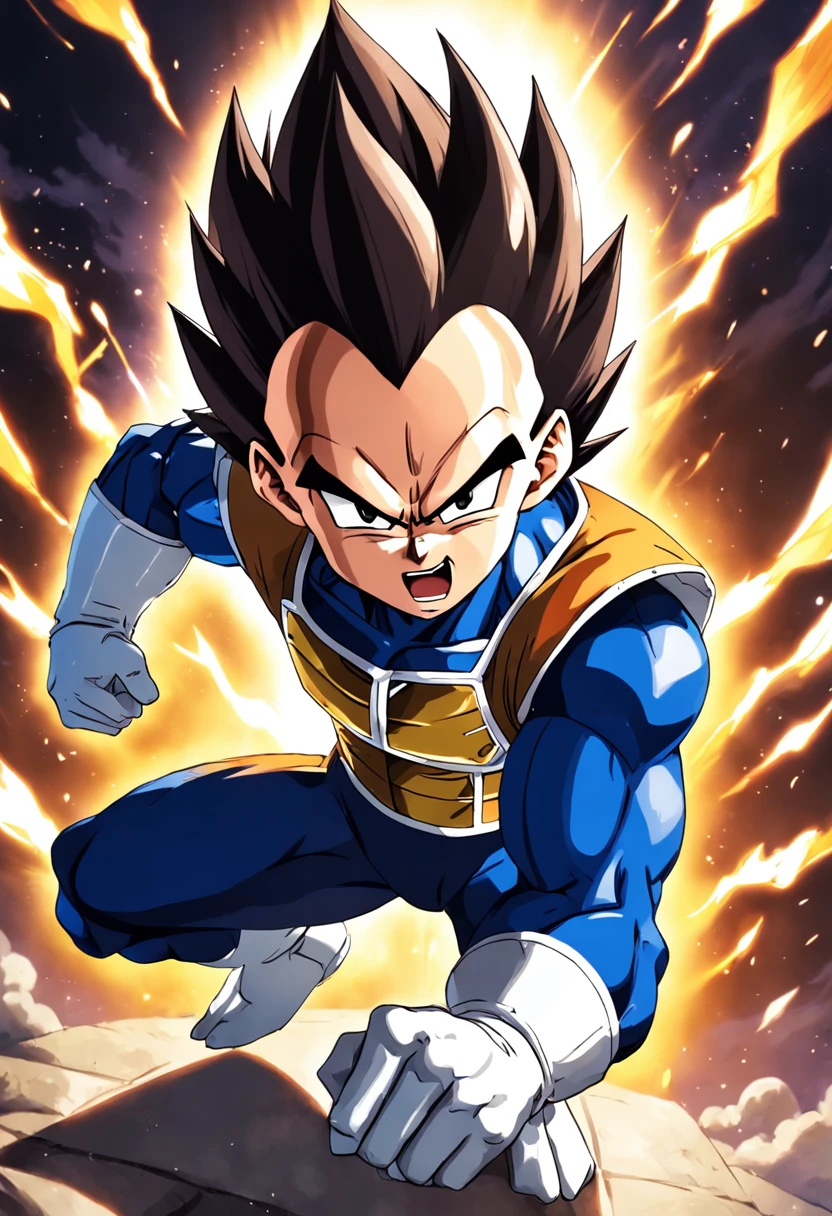 Vegeta super saiyajin malhando intensamente em uma academia moderna.