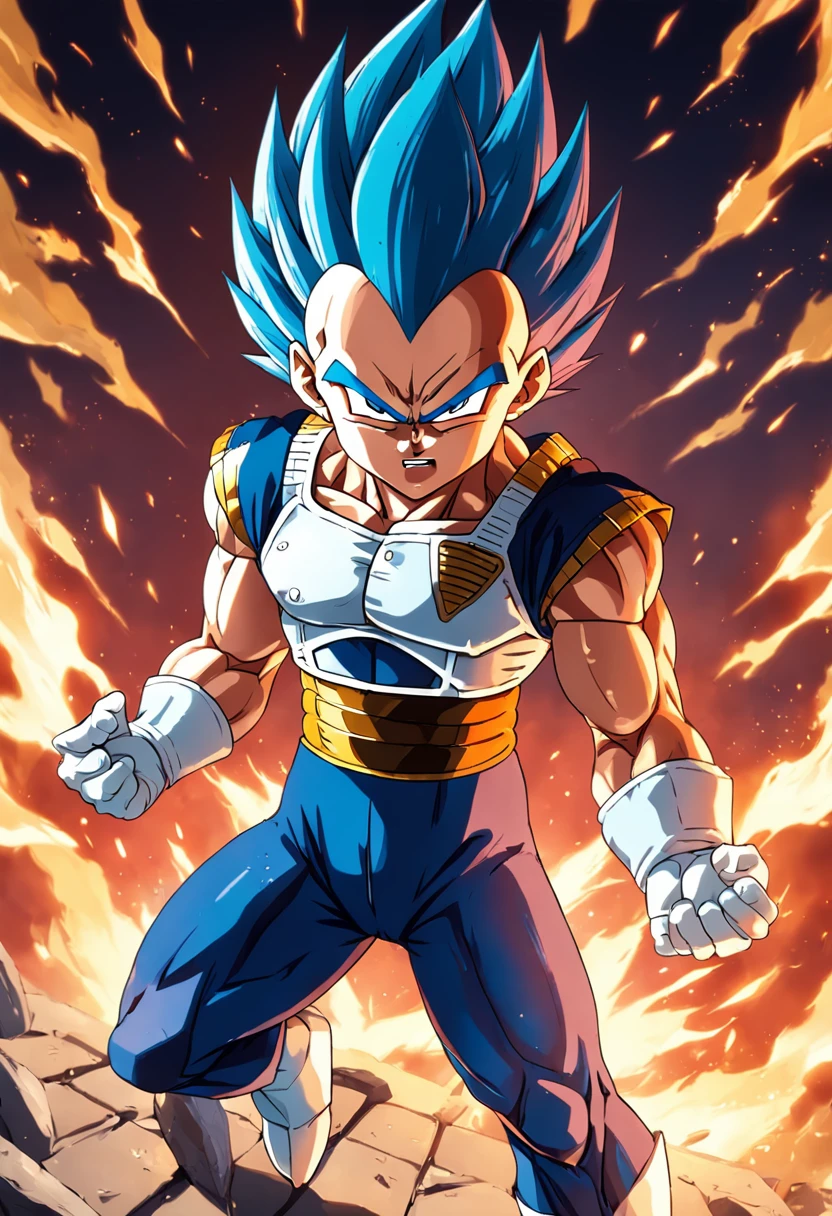 Vegeta super saiyajin malhando intensamente em uma academia moderna.