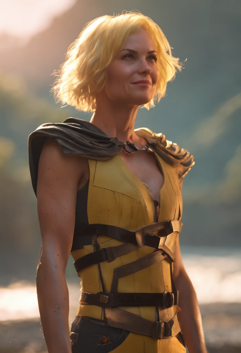 woman,yellow hair,short hair,cape,smile,a little muscle