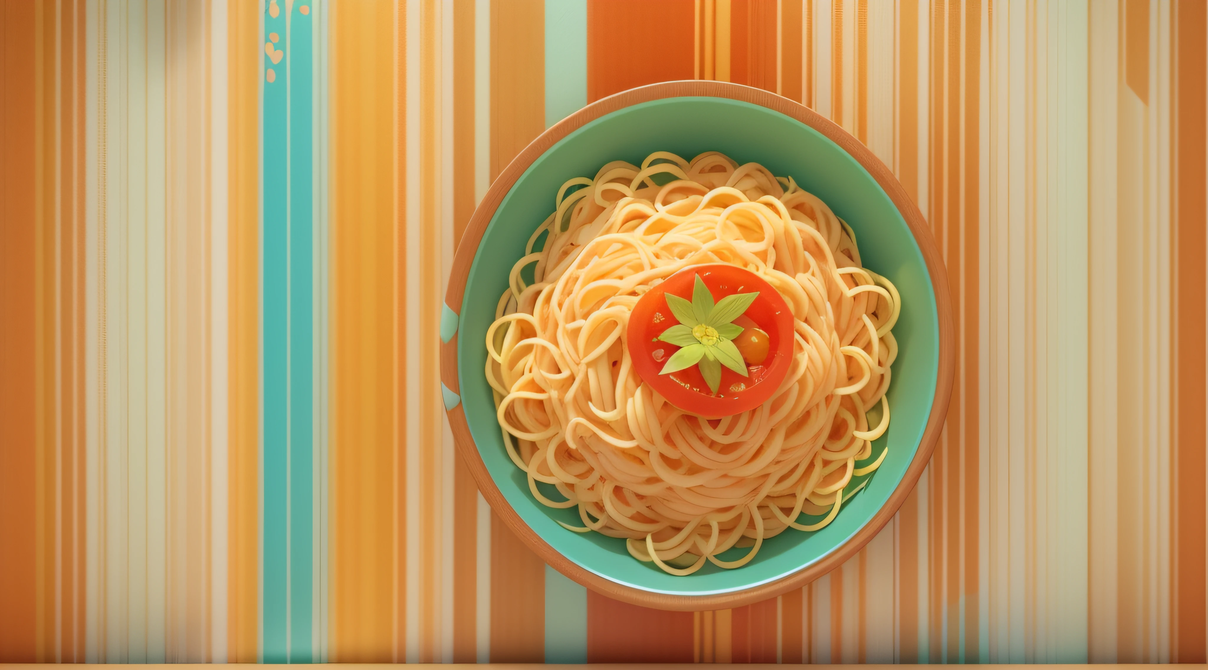 highly detailed 3D render cute noodles with tomatoes moister dish in a colorful table, kids cartoon style, high detailed textures, soft smooth textures, colorful gradient in background.