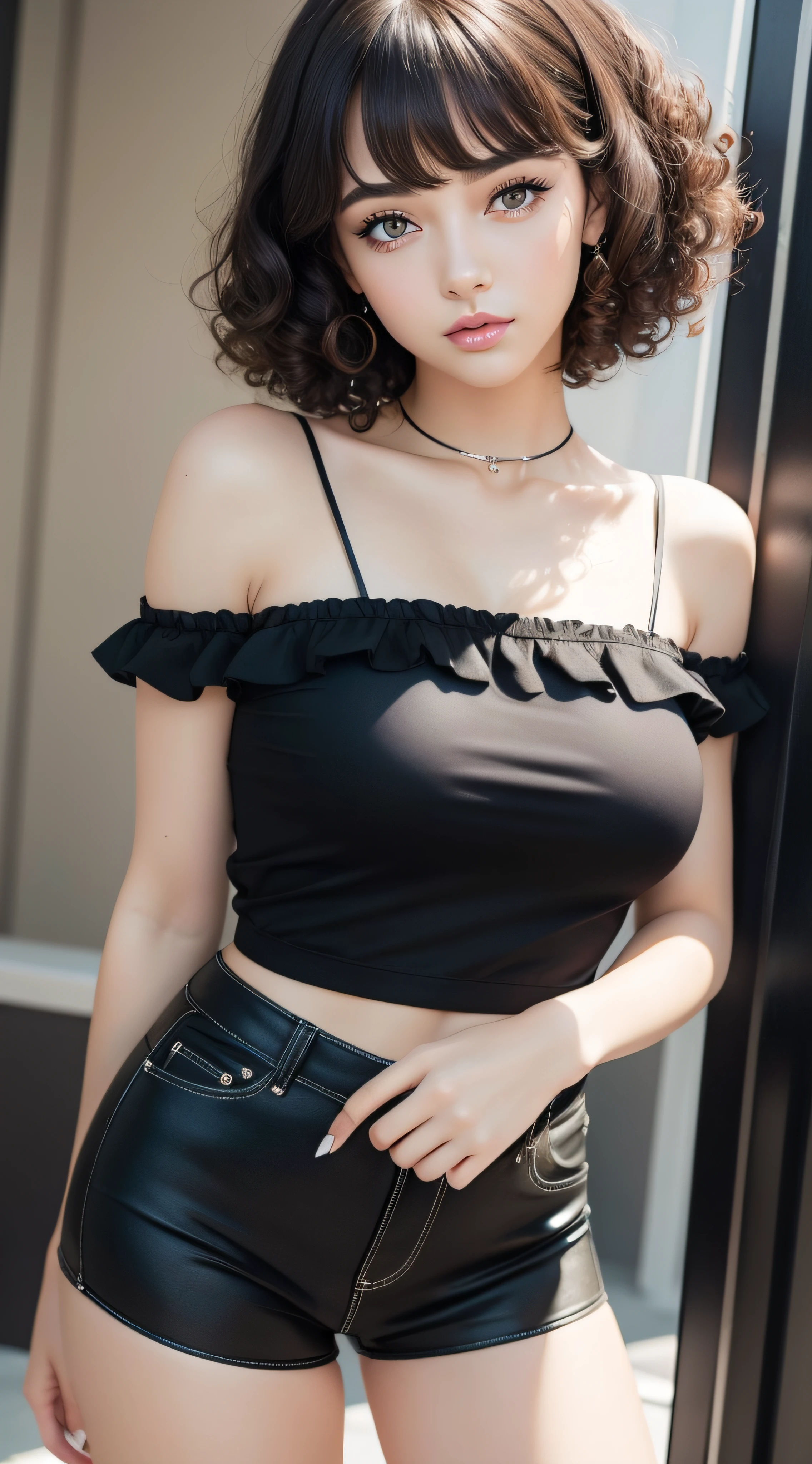 beautiful women, college girl, masterpiece, best quality, ultra detailed, photo realistic, shiny eyes, detailed face, collarbone, beautiful eyes, green eyes, detailed eyeshadows, black hair, lip gloss, pink lip, makeup, sexy legs, (attractive:1.5), (bangs:1.3), sharp focus, puffy eyes, (kpop idol:1), full body, (curly hair:1.3),(short hair:1.2), pink shirt, black long shorts tight, thighs, (beautiful:1.5)