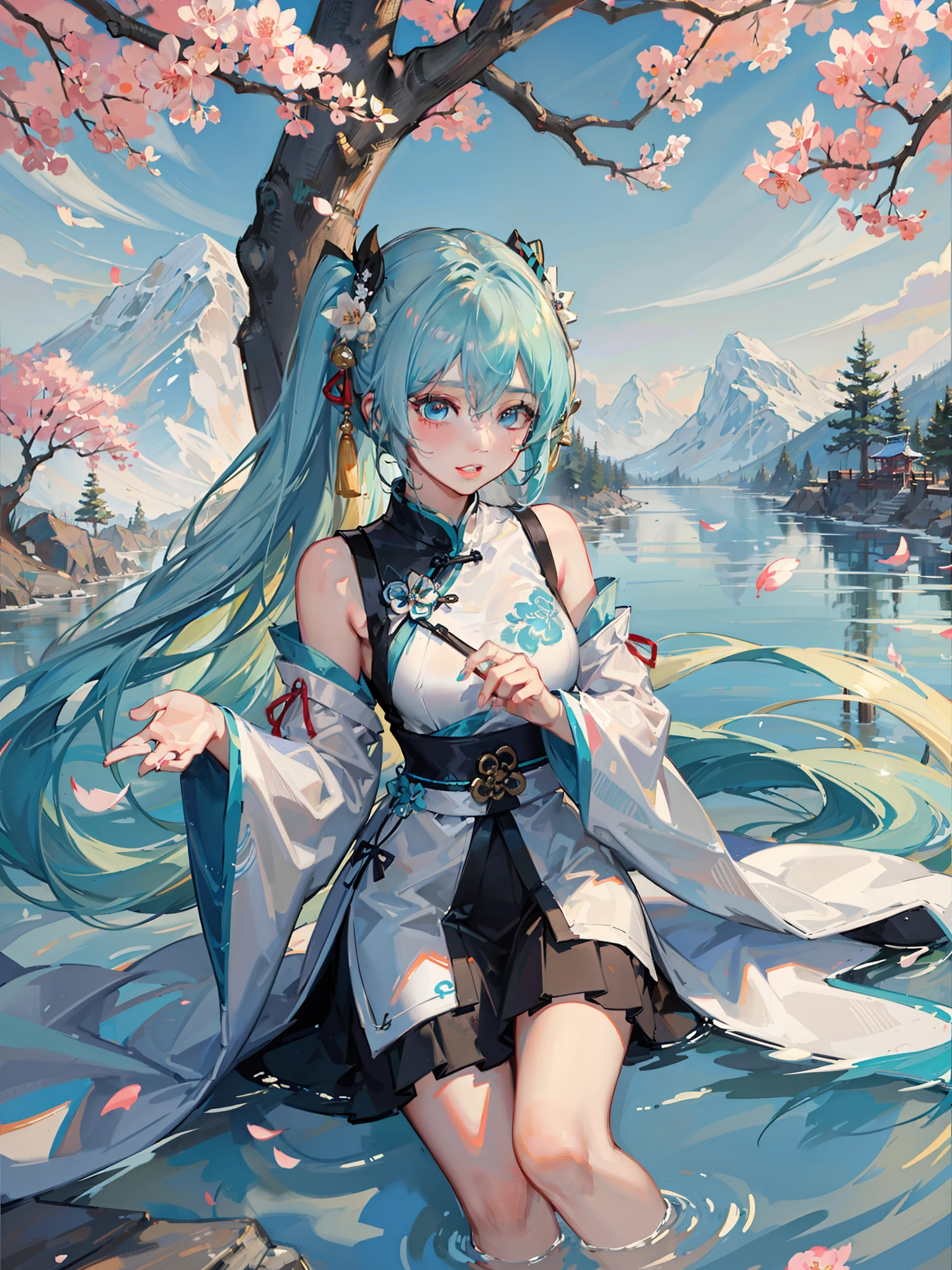 8k,Highest image quality,Big breasts Hatsune Miku,The color combination with a hint of chill is very close to the temperament of the original painting。The Hatsune hair on the plum blossom tree ripples like water waves,Very impressive,This artistic conception is somewhat similar to the "Aoxue Hanmei" in Chinese painting,It can be said that the painter combines Chinese rhyme with two-dimensional themes,Hatsune's turquoise hair is cold and has a bit of elegance,It echoes the snowy scenery on the base。A Chinese white dress embellished with a dark red bow ribbon,The details of the costume fit perfectly with the style of the whole picture,The placket stand collar with Chinese elements is delicate and beautiful,The gray-green plain clothes under the white coat are very attractive。