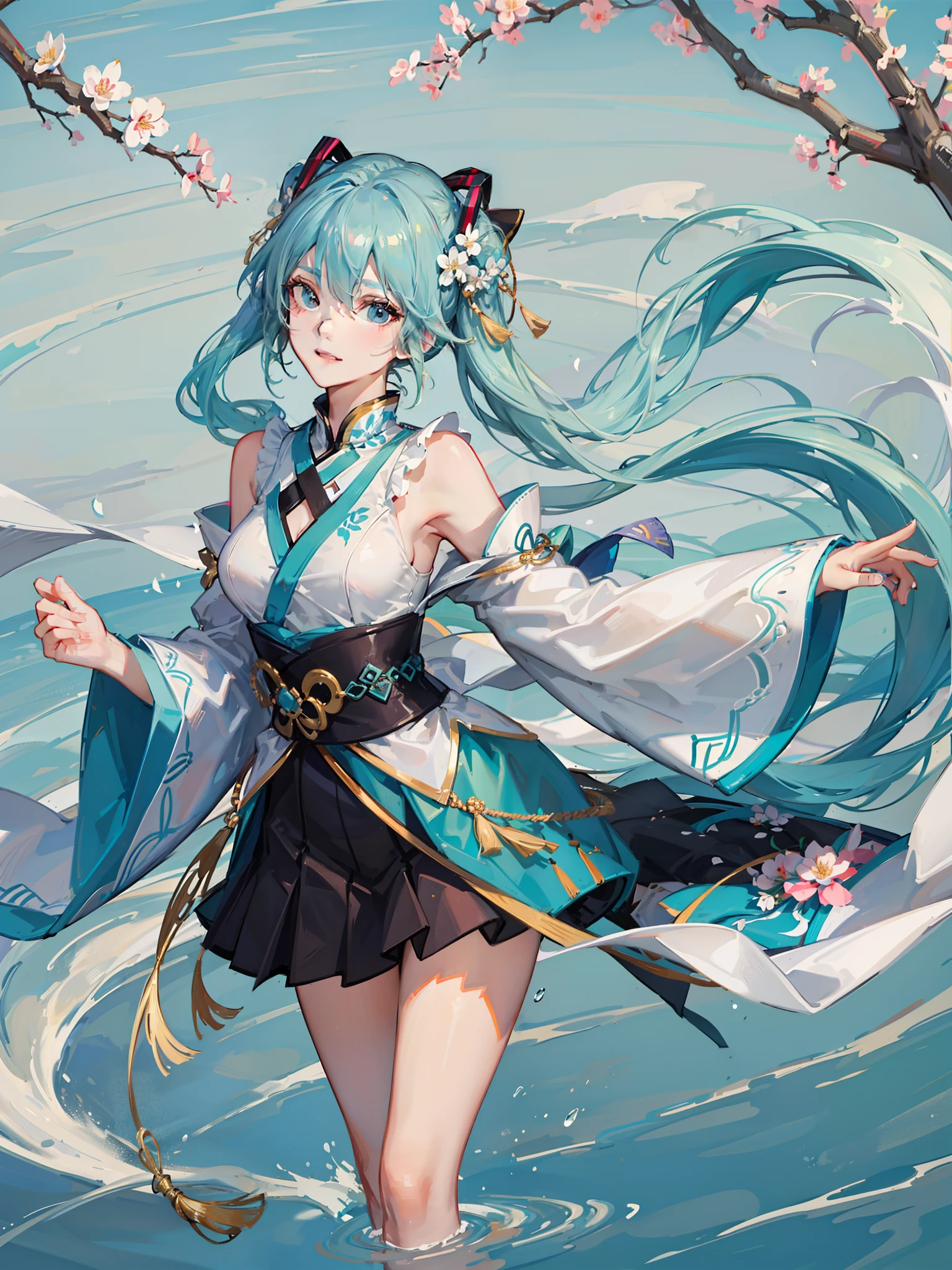 8k，Highest image quality，Big breasts Hatsune Miku，The color combination with a hint of chill is very close to the temperament of the original painting。The Hatsune hair on the plum blossom tree ripples like water waves，Very impressive，This artistic conception is somewhat similar to the "Aoxue Hanmei" in Chinese painting，It can be said that the painter combines Chinese rhyme with two-dimensional themes，Hatsune's turquoise hair is cold and has a bit of elegance，It echoes the snowy scenery on the base。A Chinese white dress embellished with a dark red bow ribbon，The details of the costume fit perfectly with the style of the whole picture，The placket stand collar with Chinese elements is delicate and beautiful，The gray-green plain clothes under the white coat are very attractive。