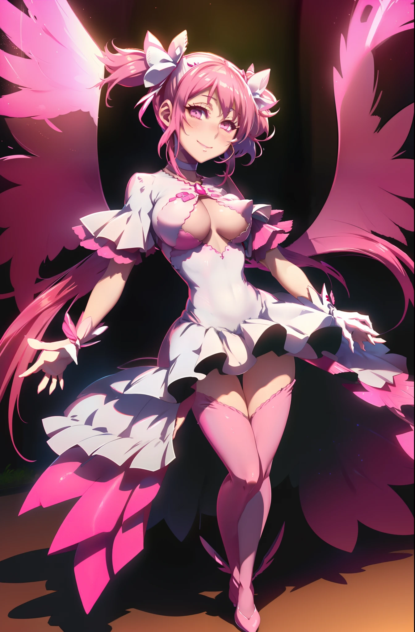 ultima Madoka: 1girl, short_hair, twintails, hair_ribbon, pink_hair, pink_eyes, short_twintails, full body,standing, smile, angel wings, big breast, tall female,pink eyes, full body