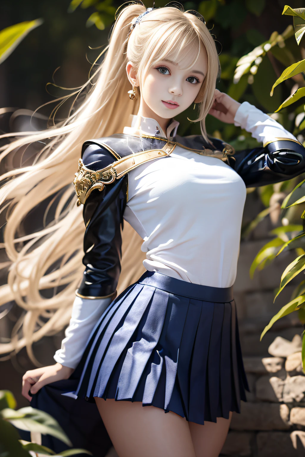 bright expression、poneyTail、Young shiny shiny white shiny skin、Best Looks、Blonde reflected light、Platinum blonde hair with dazzling highlights、shiny light hair,、Super long silky straight hair、Beautiful bangs that shine、Glowing crystal clear attractive big blue eyes、Very beautiful nice cute 16 year old girl、Lush bust,Beautiful detailed eyes, beautiful detailed nose,(( Full body:1.25)),Makeup that the eyes emphasize、((Pleated skirt with many folds)),(Women like Joan of Arc)、s Armor、Knights, With a sword and shield,Royal style,Comic style, , Sub-surface scattering, ornate detail, nature backdrop, Hyper-realistic, Cinematic, Dramatic Lighting, masutepiece