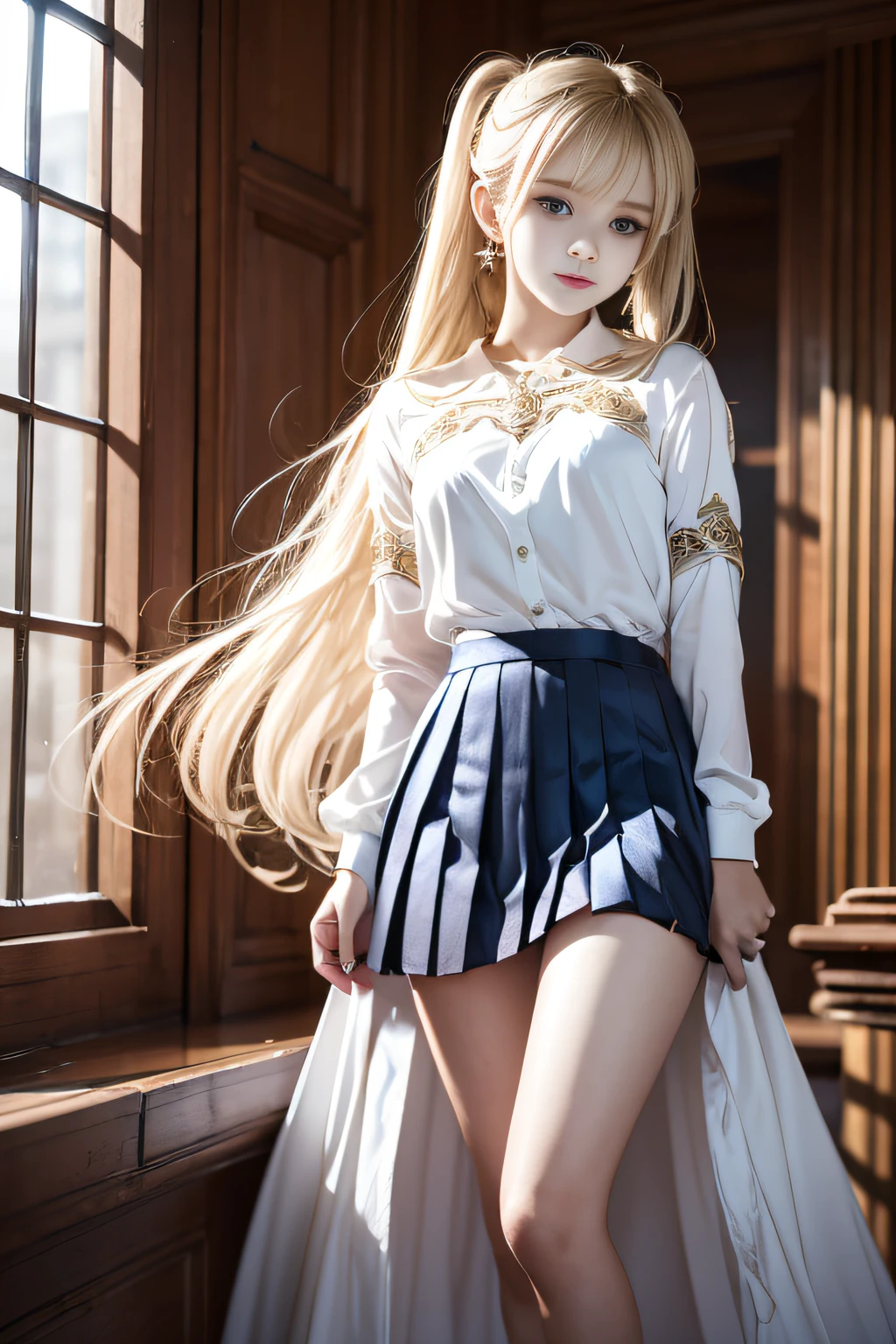 bright expression、poneyTail、Young shiny shiny white shiny skin、Best Looks、Blonde reflected light、Platinum blonde hair with dazzling highlights、shiny light hair,、Super long silky straight hair、Beautiful bangs that shine、Glowing crystal clear attractive big blue eyes、Very beautiful nice cute 16 year old girl、Lush bust,Beautiful detailed eyes, beautiful detailed nose,(( Full body:1.25)),Makeup that the eyes emphasize、((Pleated skirt with many folds)),(Women like Joan of Arc)、s Armor、Knights, With a sword and shield,Royal style,Comic style, , Sub-surface scattering, ornate detail, nature backdrop, Hyper-realistic, ((Cinematic)), Dramatic Lighting, masutepiece