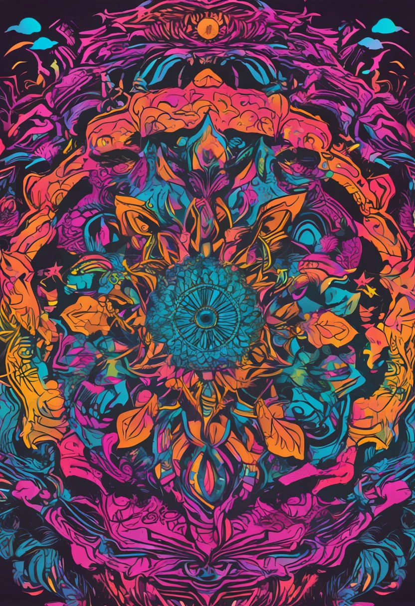 cores fosforescentes criam imagem do rosto de Mestre Irineu Serra  , surrounded by mandalas and neon-style colorful energetic cosmic roots
