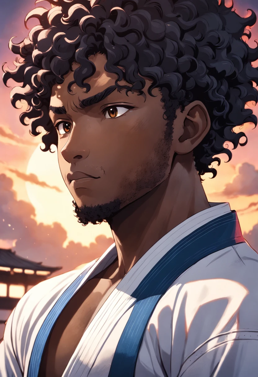 Black man with curly hair Social brown belt of Jiu Jitsu with wolf features