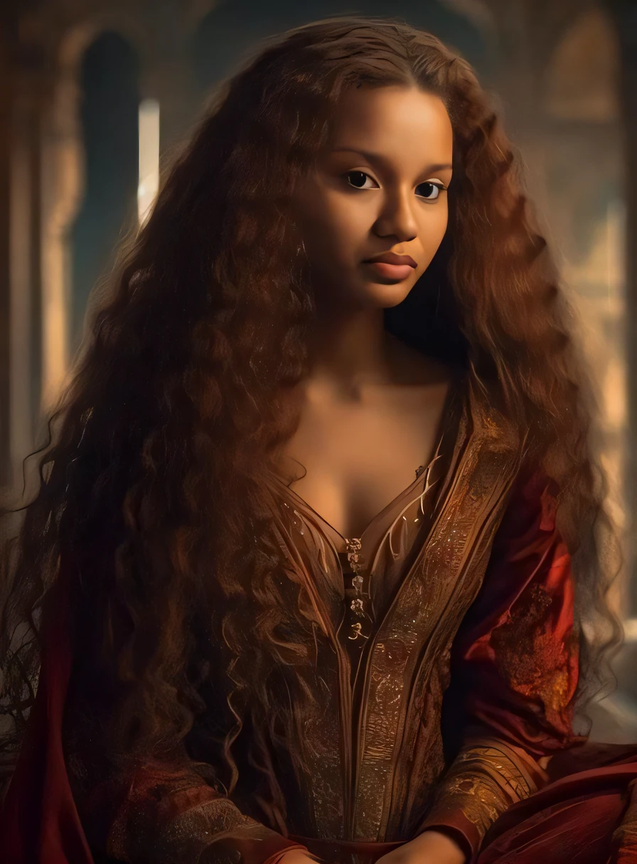 uma mulher com cabelo comprido sentada em uma cadeira em uma sala, Princesa africana deslumbrante, mulher linda, Princesa negra africana, rainha bonita, Retrato de Vanessa Morgan, longos cabelos cacheados intrincados, linda mulher bonita, lindo lindo, princesa medieval, linda senhora, como um personagem de fantasia medieval, com pele parda, Princesa Africana, lindo retrato, em alto estilo renascentista, lindo lindo