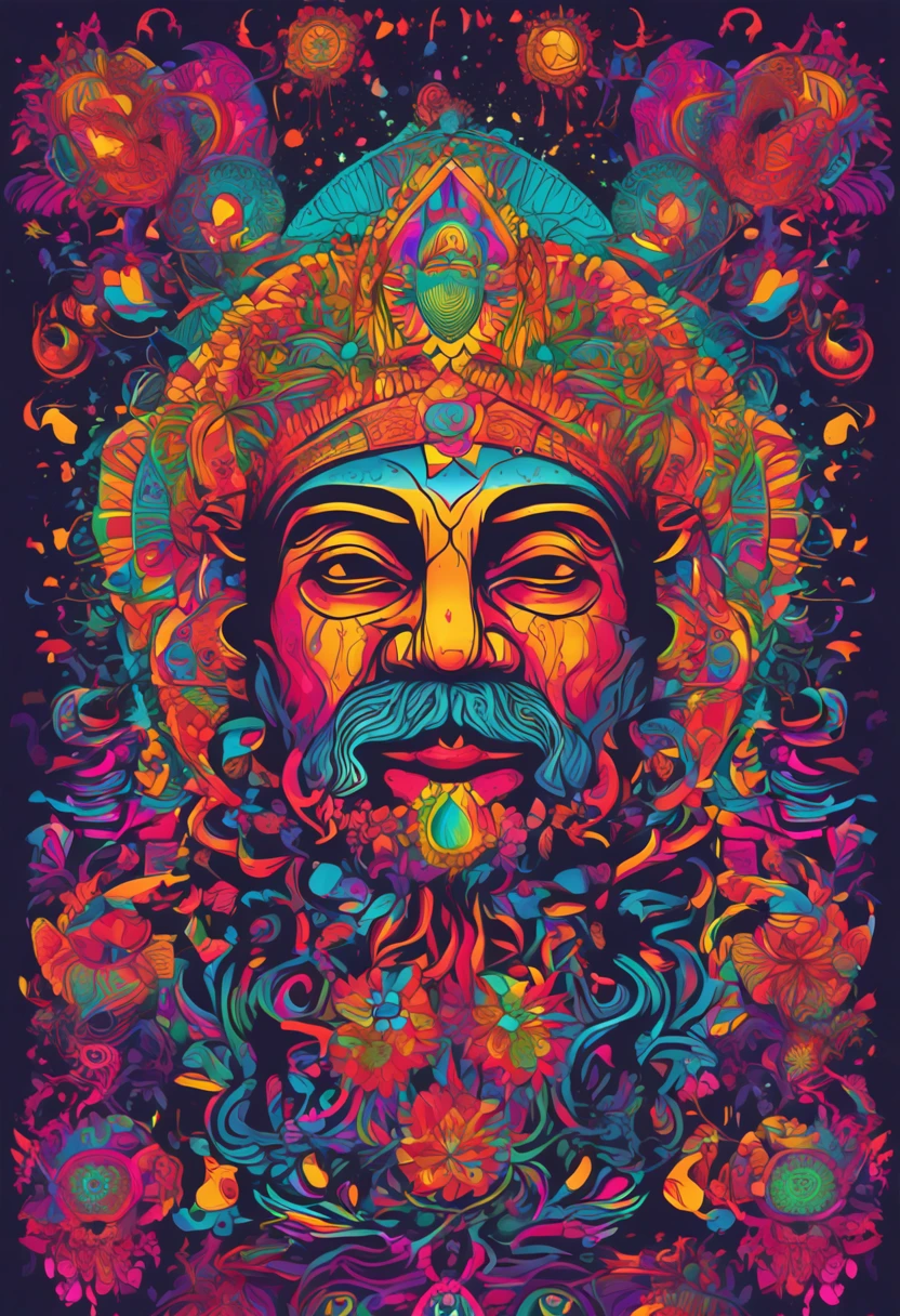 Phosphorescent colors create an image of Mestre Irineu Serra's face, surrounded by mandalas and energetic cosmic roots colored in neon style
vision of god and ayahuasca