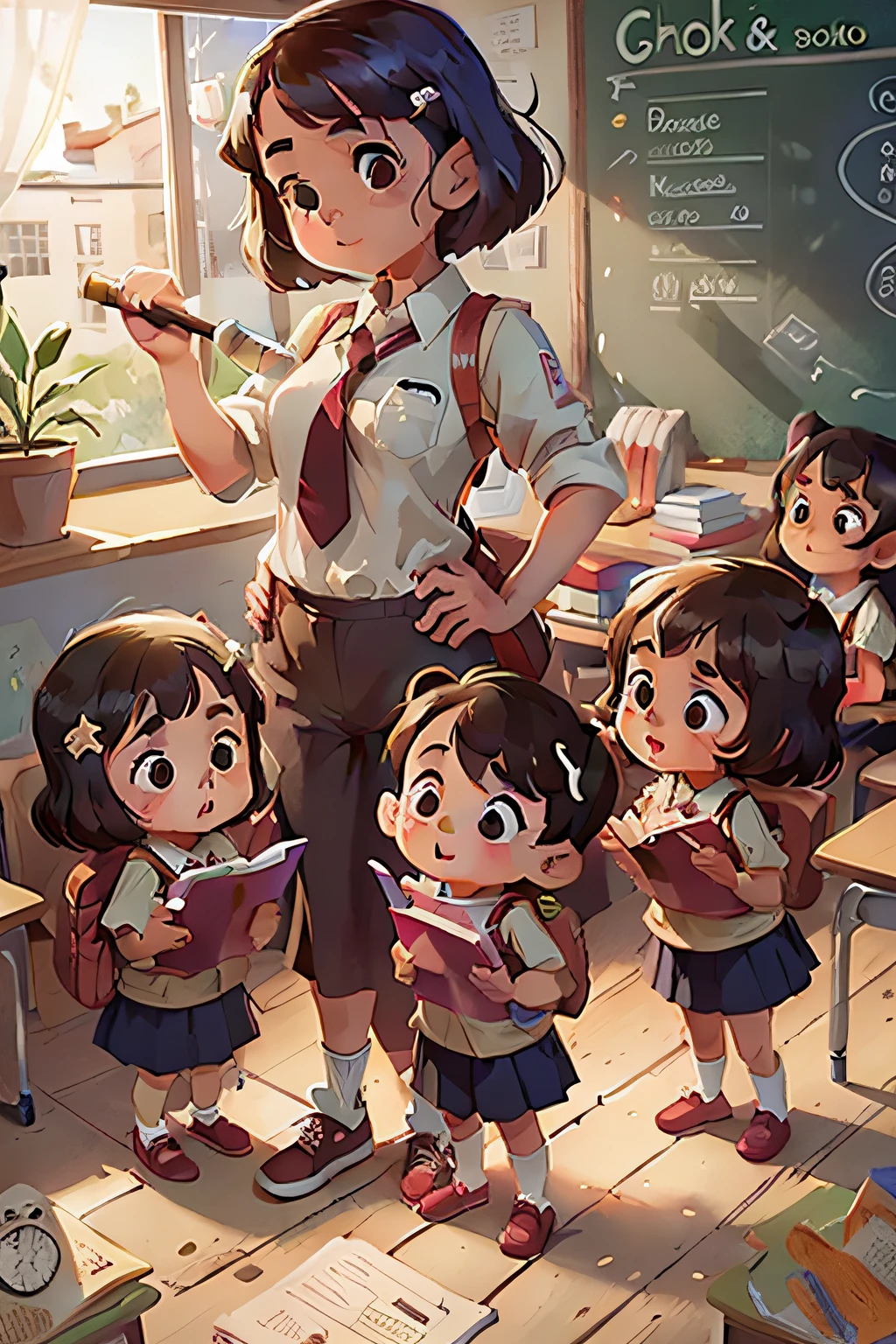 several same sized cute kids, standing in front of the class, holding school posters, along with a cute boy, short black hair in a wheelchair, magem 3D de corpo inteiro, 1pc, bons olhos olhando, olhos grandes, fofo, Feliz, c4d, pop matt caixa cega, na empresa clasroom school