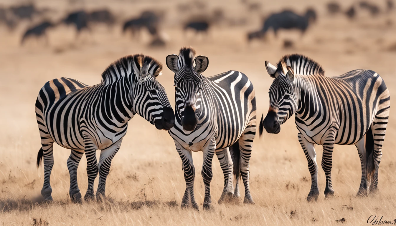 A safari in the heart of the African savannah, onde um grupo diversificado de animais coexiste pacificamente, zebras pastando ao lado de gnus, a clear, open sky conveying a sense of freedom and vastness, 插圖, digital watercolor technique, capturando a harmonia entre os animais e seu ambiente