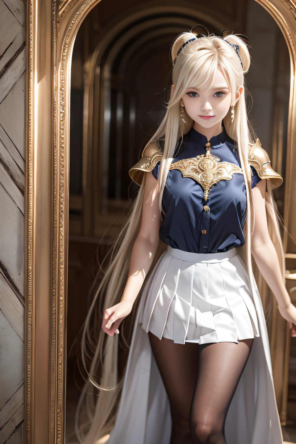 bright expression、poneyTail、Young shiny shiny white shiny skin、Best Looks、Blonde reflected light、Platinum blonde hair with dazzling highlights、shiny light hair,、Super long silky straight hair、Beautiful bangs that shine、Glowing crystal clear attractive big blue eyes、Very beautiful nice cute girl、Lush bust,Beautiful detailed eyes, beautiful detailed nose,(( Full body:1.25)),Makeup that the eyes emphasize、((Pleated skirt with many folds)),(Women like Joan of Arc)、s Armor、Knights, With a sword and shield,Royal style,Comic style, , Sub-surface scattering, ornate detail, nature backdrop, Hyper-realistic, ((Cinematic)), Dramatic Lighting, masutepiece