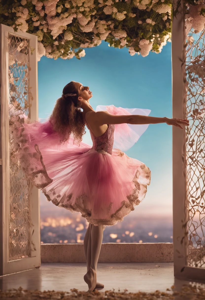 Make a classical ballerina, com figurino de camponesa, ela deve estar no campo, Dancing, foto realista, qualidade 8k, fullhd