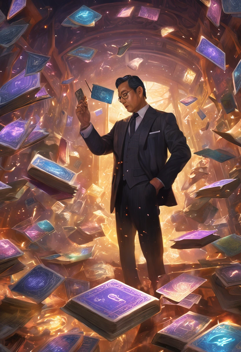 A detailed painting depicting a handsome, mature Asian man in a suit surrounded by a flurry of glowing Magic The Gathering cards and the book Dungeons and Dragons in the center.