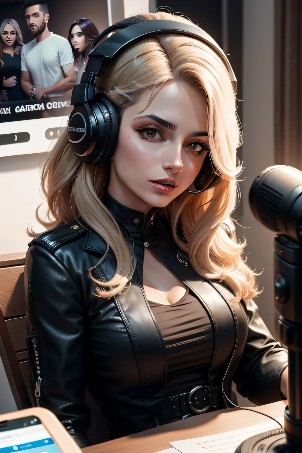 Garota branca, cabelos preto falando no podcast, gosta de musica gravando