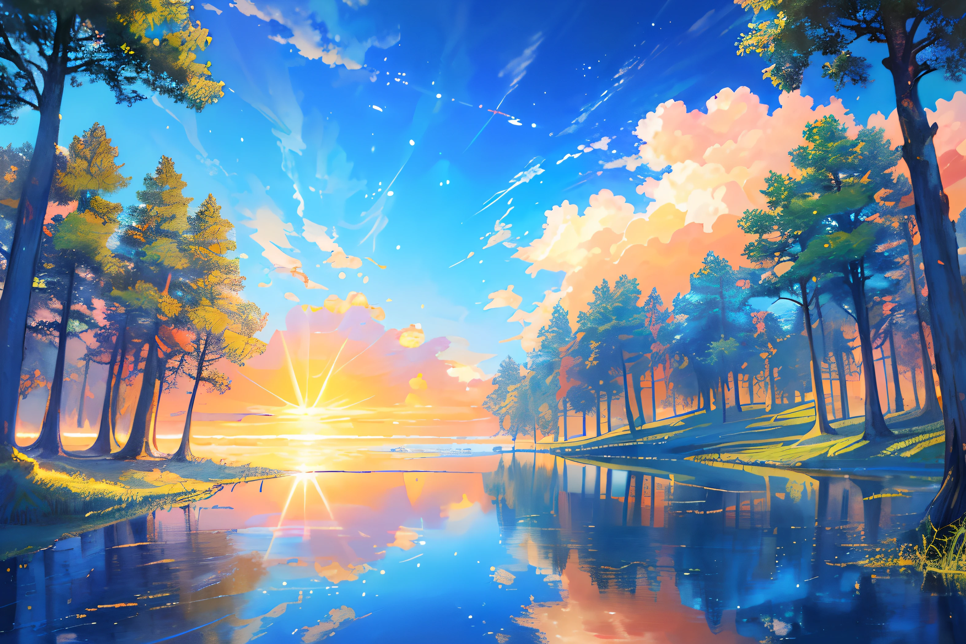 ​masterpiece, top-quality, (extremely detailed CG unified 8k wallpaper) (top-quality), (The best illustrations), (best shade)、Super Meticulous, blue-sky、Variety of clouds、Wonderfully beautiful、nostalgic、Looking up at the sky、Reflection of the Sun、Natural colors、the woods、Scenic、Summer sky