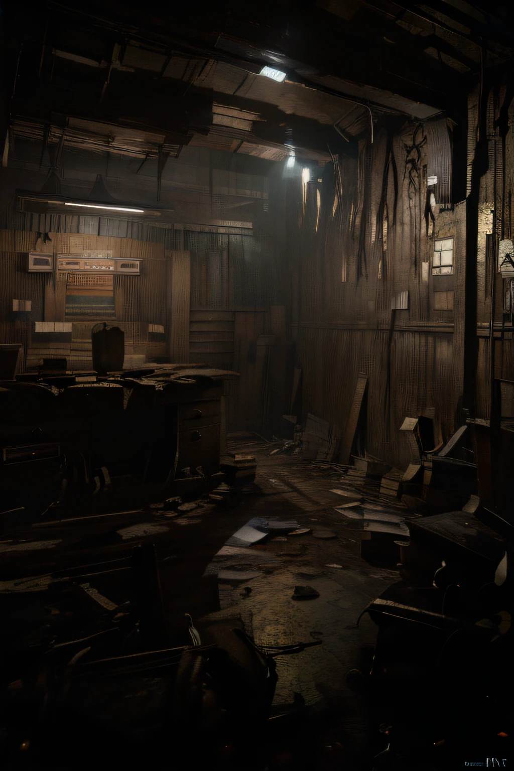 (Masterpiece, ultra-high resolution:1.4), best quality, high quality, highly detailed CG unity 8k wallpaper, depth of field, HDR, photorealistic, highly detailed, intricate, high detail, Cinematic, Hyper-detailed, insane details, Beautifully color graded, A tense Resident Evil horror room in an underground laboratory, flickering fluorescent lights revealing scientific equipment covered in dried blood, scattered research notes, the hum of machinery mixed with faint whispers, an atmosphere of scientific curiosity turned into horror, Illustration, ink and watercolor, depicting the grim environment,