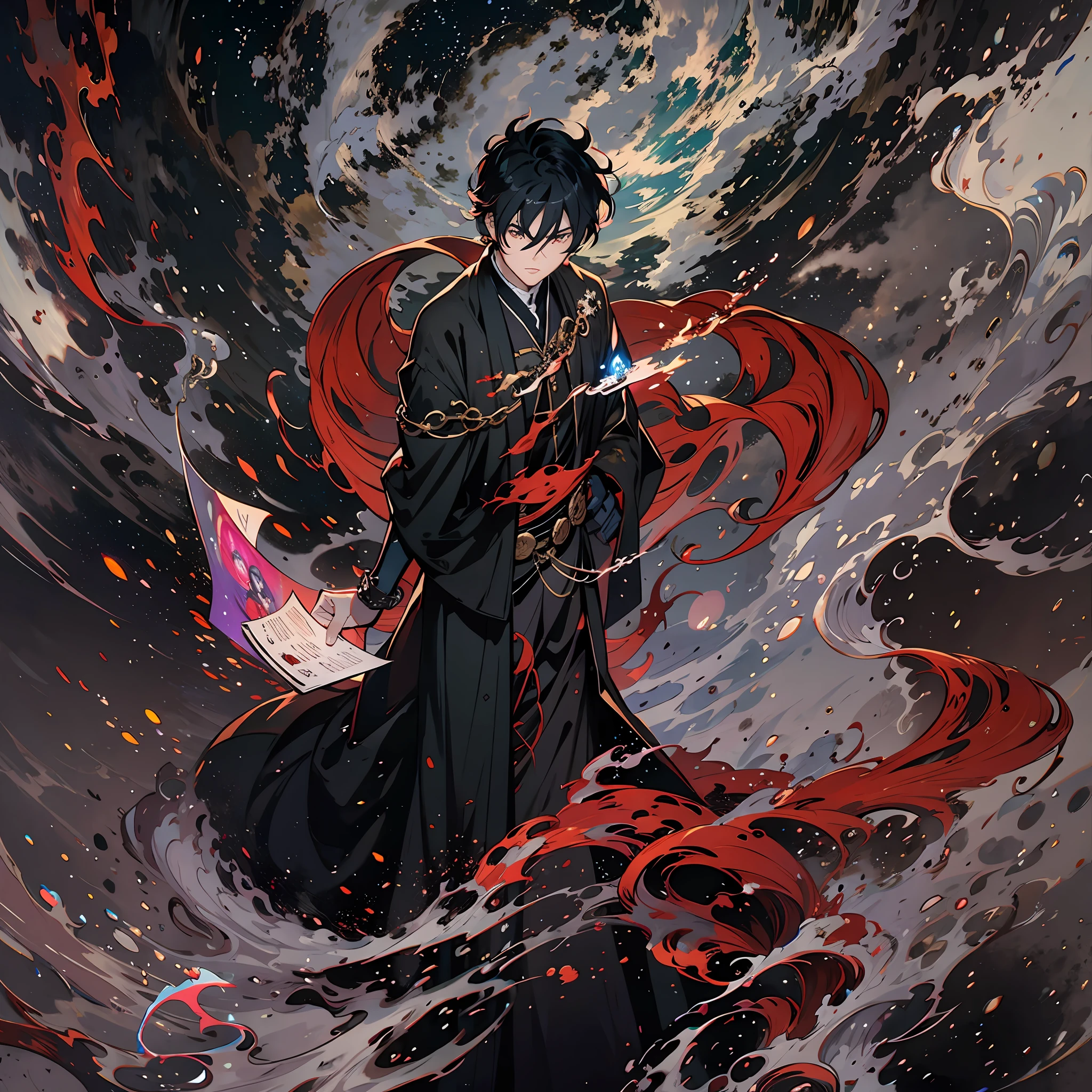 La Luna， optical， imaginativo，Estaba oscuro，Asalto，lightning，中景 the scene is，Estilo Manhwa，A man in a black robe with a scroll in his hand，No puedo ver las caras，Dos luces rojas en sus ojos，magnifica，There is dominance between the eyebrows，gaze at the camera，