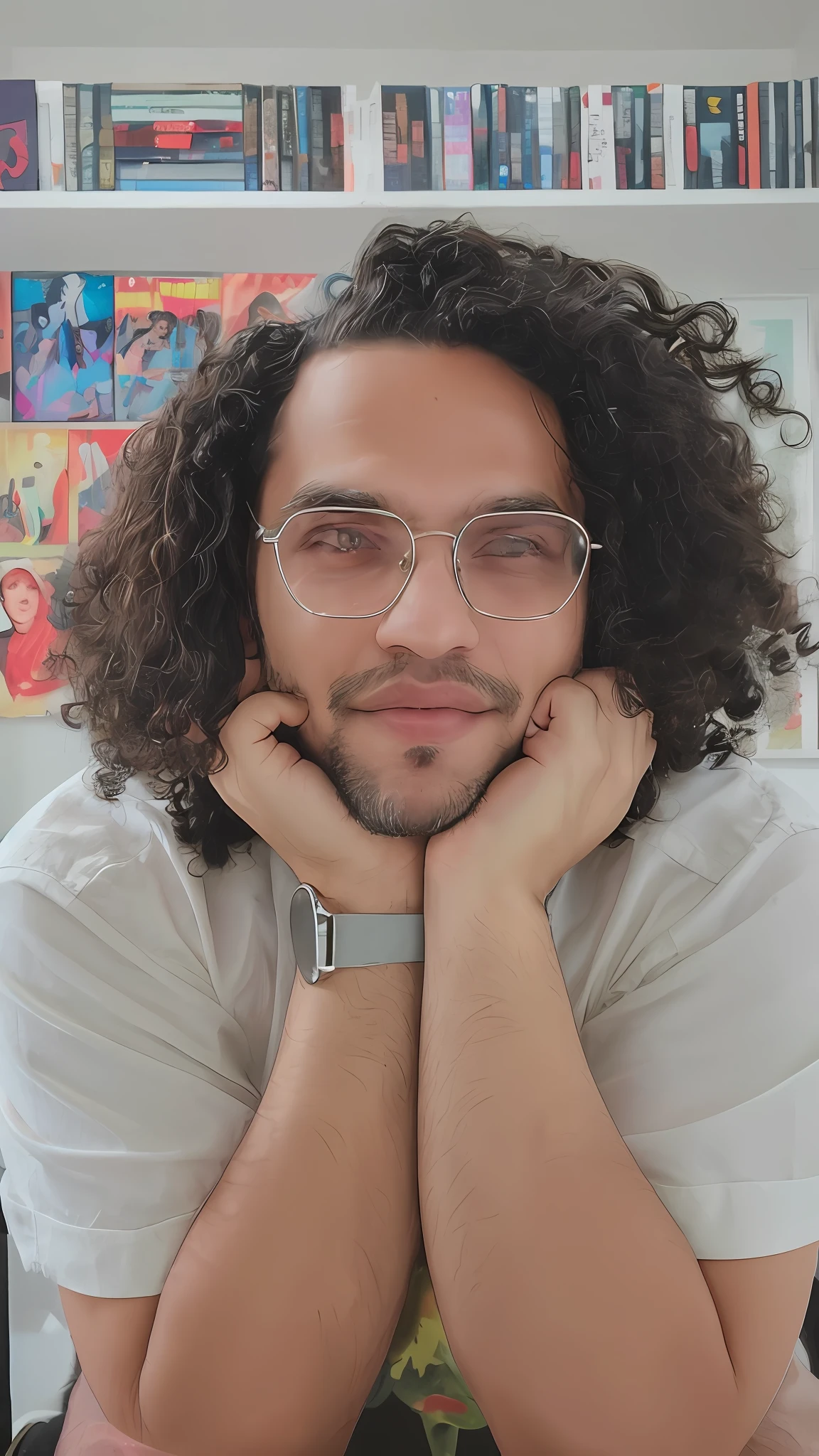 There's a man with glasses and a beard posing for a photo, um homem negro com longos cabelos cacheados, Retrato de Danny Gonzalez, foto de retrato detalhada, taken in the early 2020s, halfbody headshot, foto de perfil headshot, solo portrait 🎨🖌️, retrato de alta qualidade, retrato de personagem de mim, Jamie Reid, retrato detalhado, Retrato no meio da foto