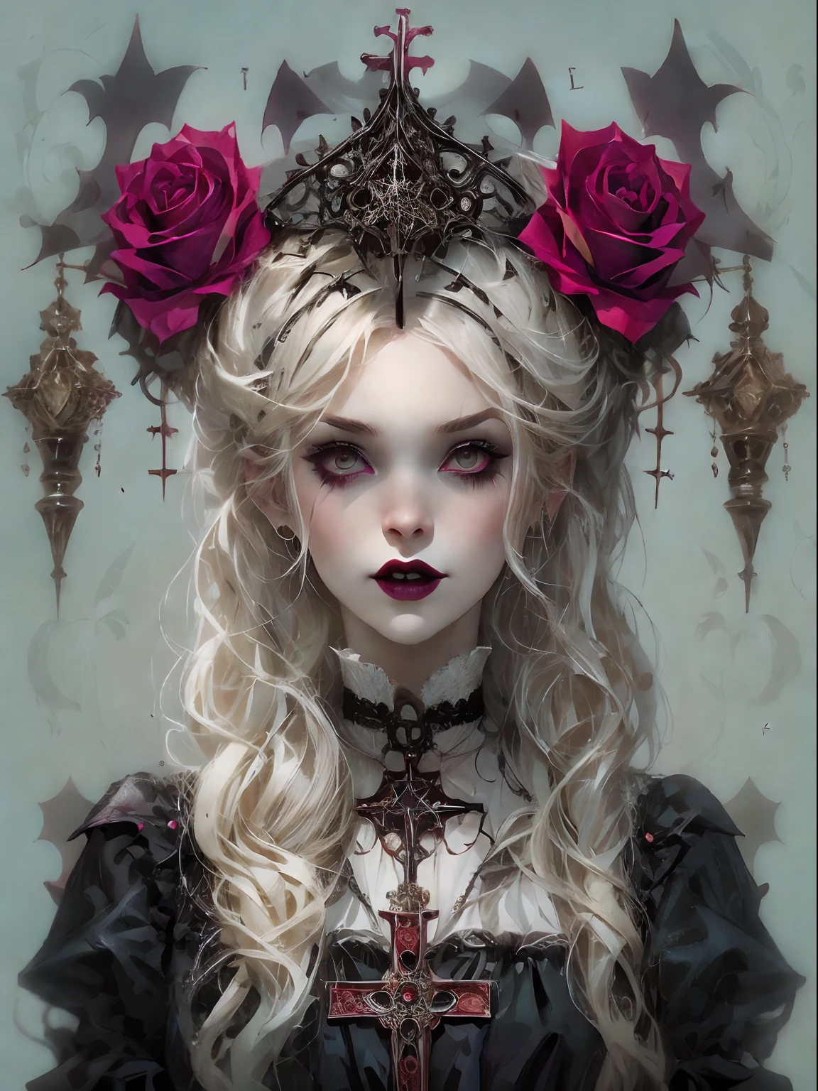 HighestQuali,tmasterpiece:1.2,Detailed details,1 Gothic girl,Black victorian dress,Gorgeous headdress,Bust,Rose flower,crosses,silver ornaments 、redheadwear、colorful hair with victorian updo hairstyle 、paleskin、Black lipstick and eye shadow,Accessories include the Cross Medal,Pentagram,crosses,cloaks,shawl,Sexy,chies,a lit candle, full body image