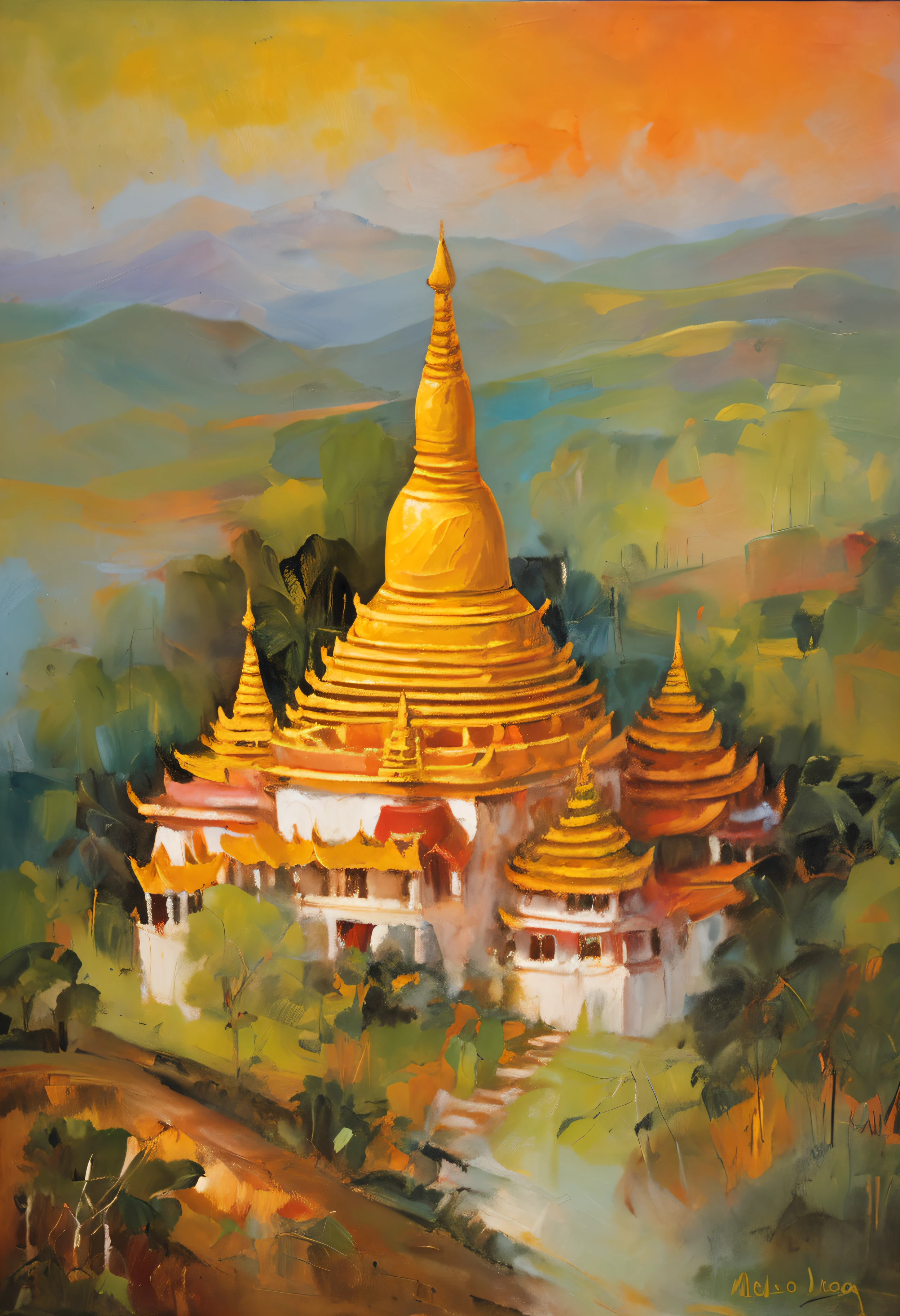 landscape of Myanmar, white pagoda and monastery on the hill, intricate image