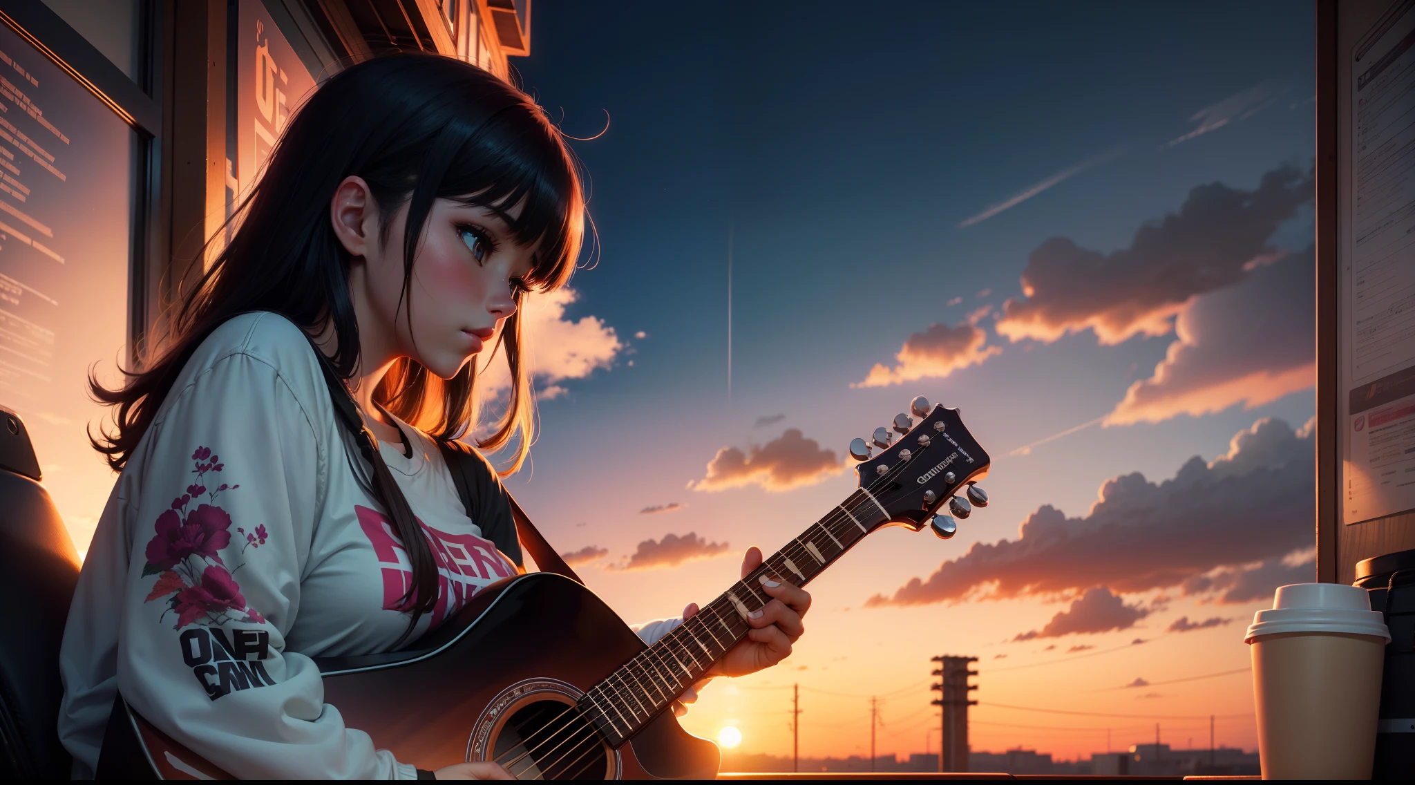 Watching the sunset, playing guitar, cup of hot coffee, lo-fi , anime, detailed, neon, art similar to your name, 4k,16x9