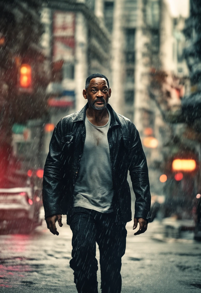 uma foto de Will Smith focada no rosto, perfil, olhos serrado, imagem real. ultra realista, 8k, mega realista, fundo escuro, angry expression, chuva, eyes full of tears, chorando, ultra real, qualidade de cinema, realidade humana, fundo escuro, choro