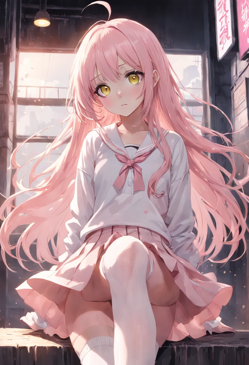 Gentle beautiful girl, Tall girl, Pastel pink long hair with bang, pastel yellow big eyes, Lovely look, Slightly blushing, Wearing plain white shirt, with light yellow cardigan, and light pink, skirt Wears long white knee socks, and black school shoes, has Really light skin, long eyelashes, Wearing few white basic hairclips in her hair, wear gold bracelets, hot shaped body