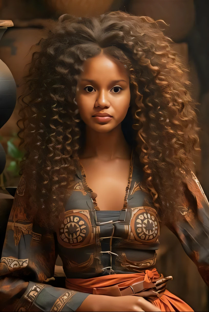 um close up de uma mulher com longos cabelos cacheados usando um vestido, Princesa africana deslumbrante, cabelos afro longos, longos cabelos cacheados intrincados, com cabelo e pele texturizados, Princesa Africana, Princesa negra africana, lindo lindo, africana de pele clara, com afro, lindo lindo, longos cabelos castanhos inchados cacheados, linda mulher bonita, afro, mulher linda, cabelo afro
