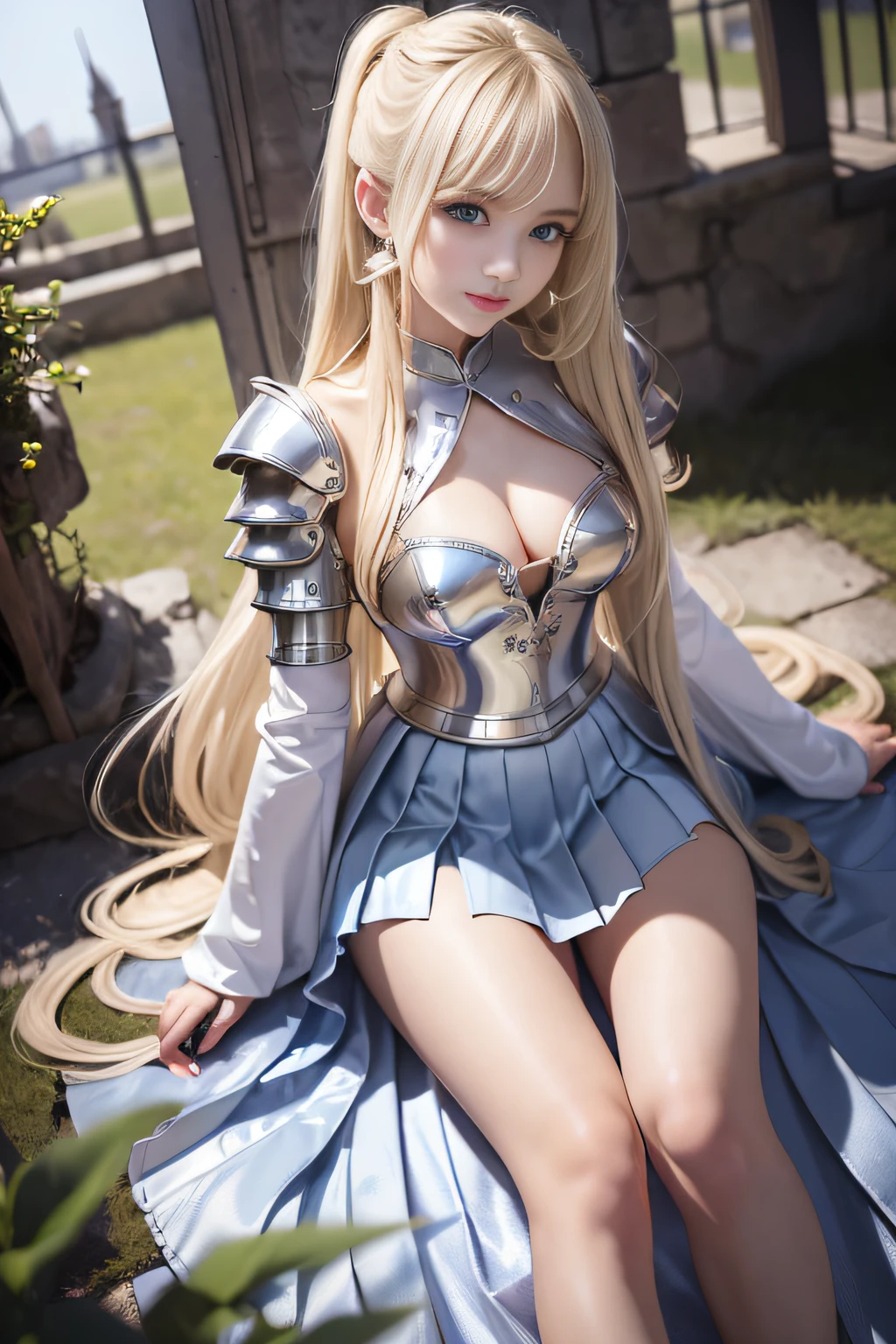bright expression、poneyTail、Young shiny shiny white shiny skin、Best Looks、Blonde reflected light、Platinum blonde hair with dazzling highlights、shiny light hair,、Super long silky straight hair、Beautiful bangs that shine、Glowing crystal clear attractive big blue eyes、Very beautiful nice cute 16 year old girl、Lush bust,Beautiful detailed eyes, beautiful detailed nose,(( Full body:1.25)),Makeup that the eyes emphasize、((Pleated skirt with many folds)),(Women like Joan of Arc)、s Armor、Knights, With a sword and shield,Royal style,Comic style, , Sub-surface scattering, ornate detail, nature backdrop, Hyper-realistic, ((Cinematic)), Dramatic Lighting, masutepiece