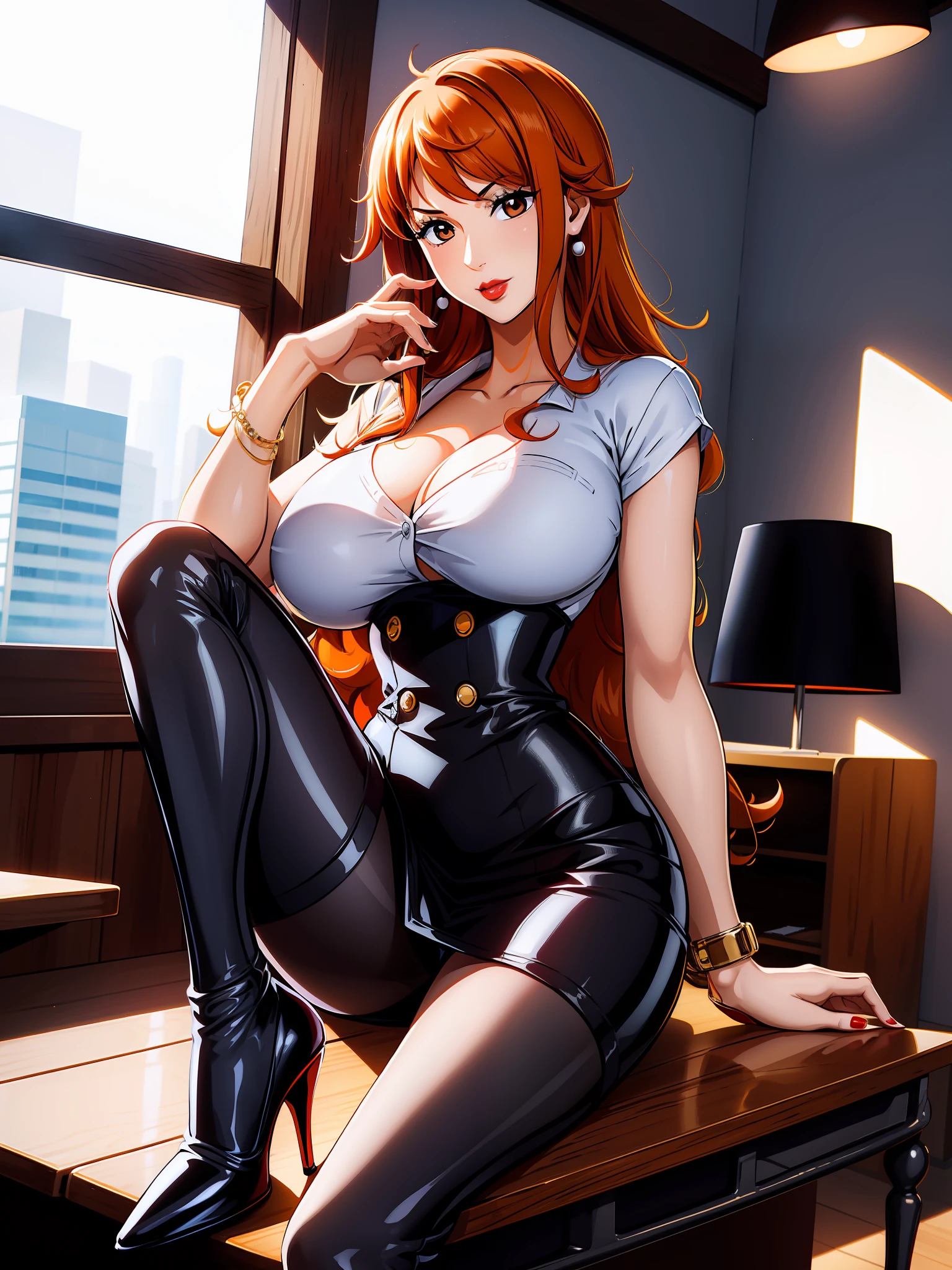 Girl, red lips, big nose, big tits, long hair, orange hair colors, fair skin, office clothes, white clothes colors, black skirt colors, black stocking colors, black high heels colors, sexy body, Sit down pose, sexy pose, elegant pose, beautiful girl, in room realistic