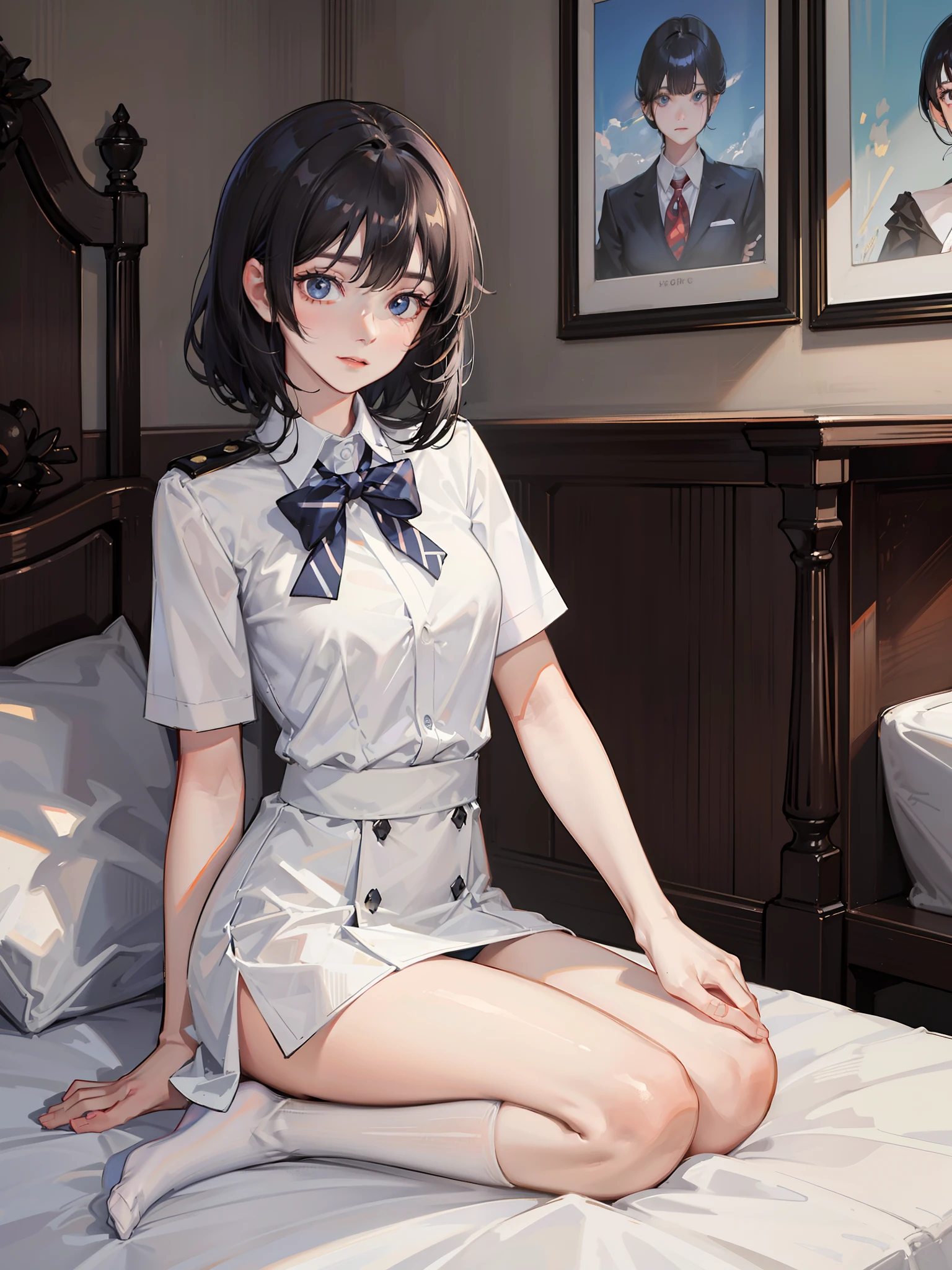 black color hair，Jk young girl with short and medium black hair，white short socks，White pile socks，8K，Need,tmasterpiece,Bedrooms，inns，whaite hair,Blue-eyed girl kneeling in front of the bed,White shirt with buttons unbuttoned,seminude，Look up at the perspective:1.5,Raised sexy,Hairline,is shy，Be red in the face，Fair skin,Cut off bangs，[Remove the white stockings from the legs with both hands]，Lower body naked，sitting on his knees on the bed，is shy
