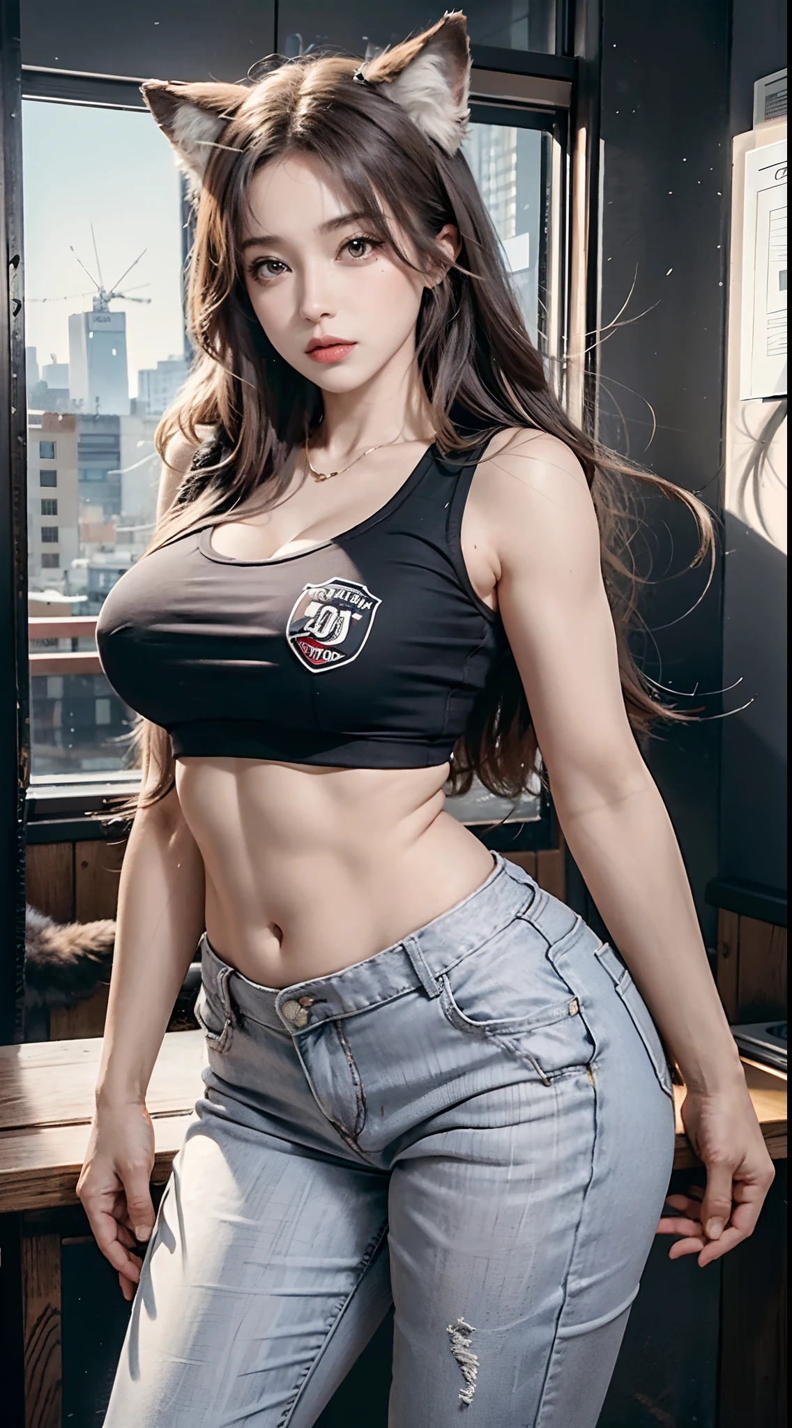 Mujer musculosa, Athletic woman, wolf girl, Adulto joven, Abs, pecho grande, brazos musculosos, piernas musculosas, Pantalones de yoga negros ajustados, camiseta blanca ajustada, ojos amarillos, Orejas de lobo, Cola de lobo, botas marrones, type would be, Abs, Cola de lobo larga, 8k, boca cerrada, Thicc, muslos enormes, detailed muscles
