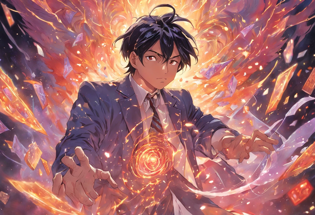A detailed painting depicting a handsome, mature Asian man in a suit surrounded by a flurry of glowing Magic The Gathering cards and the book Dungeons and Dragons in the center.