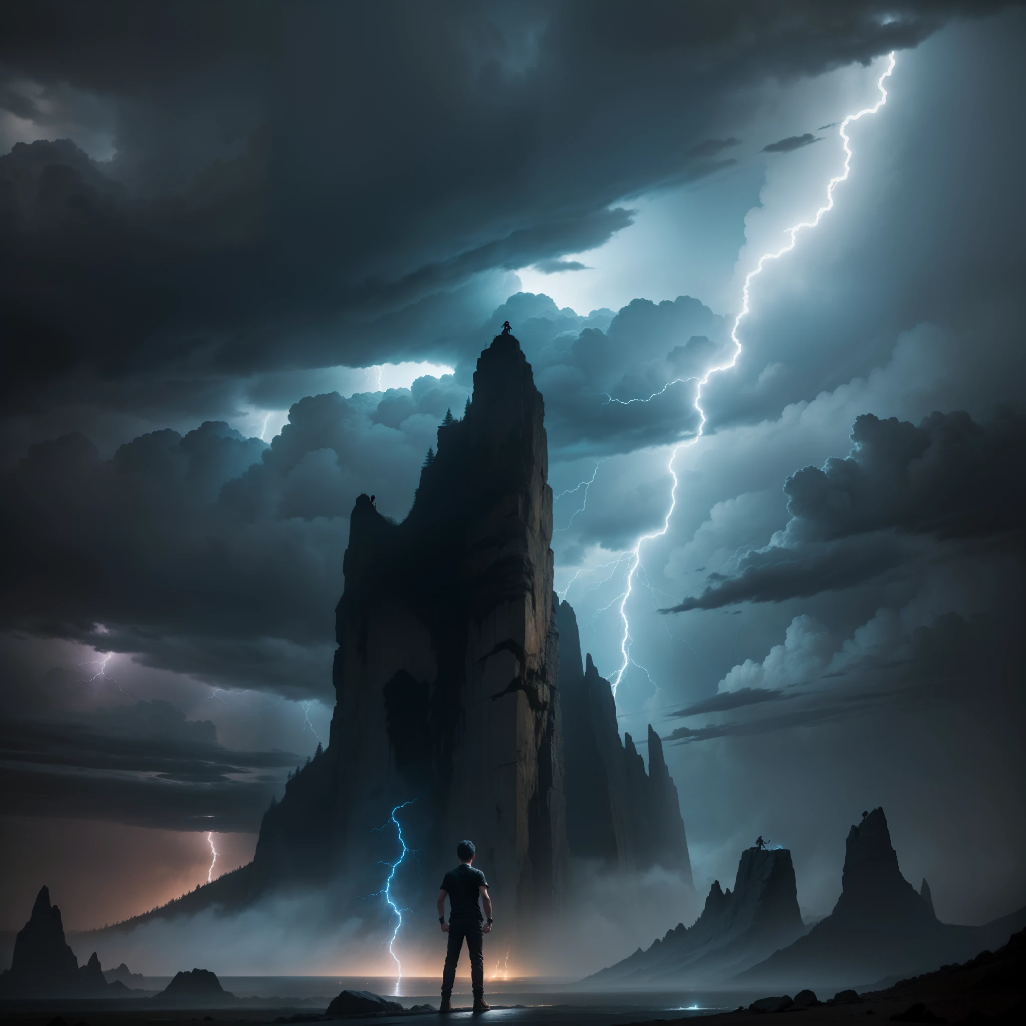 Human boy pointing a bolt of lightning at a stormy black sky, em cima de uma montanha com raios ao seu redor