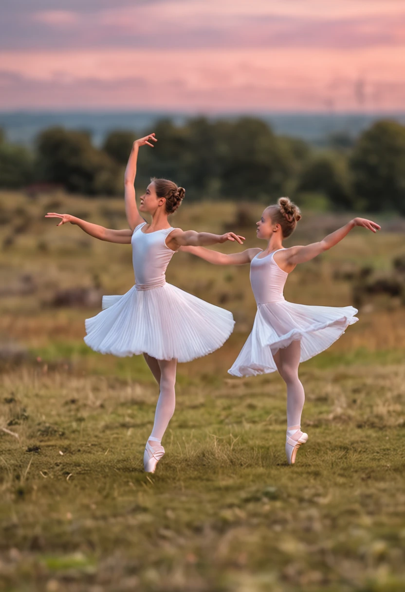have two ballerinas dancing to classical music in a field, com figurino de camponesa, sapatilha e coque, foto realista, qualidade 8k, fullhd
