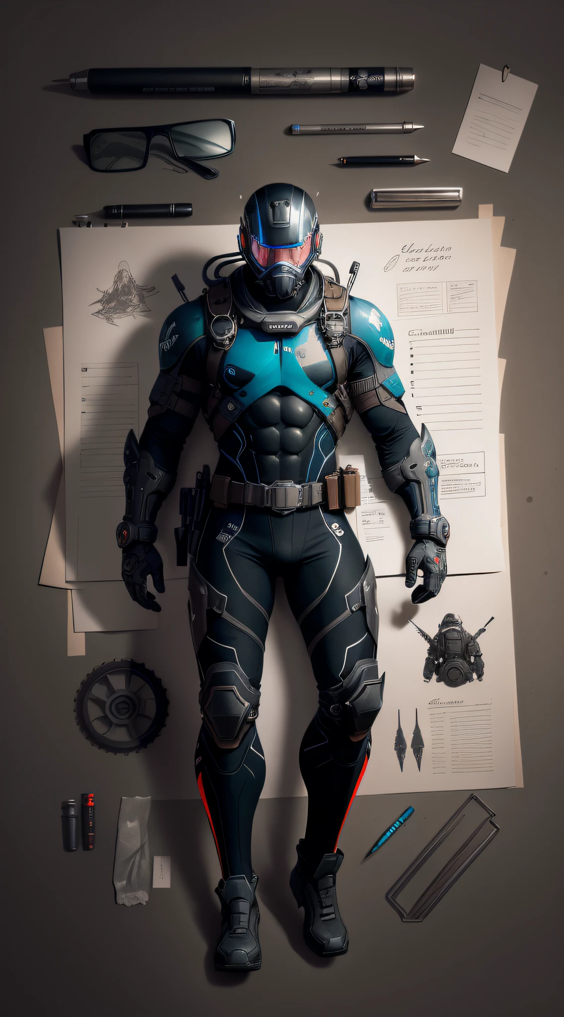 Diver , bits of color, Sketch, hand drawn, dark, gritty, realistic sketch, Rough sketch, mix of bold dark lines and loose lines, bold lines, on paper, character sheet, diver, Full body covered in metal, slik, sci-fi, ghostly theme, (((items and gear listed on the side)))