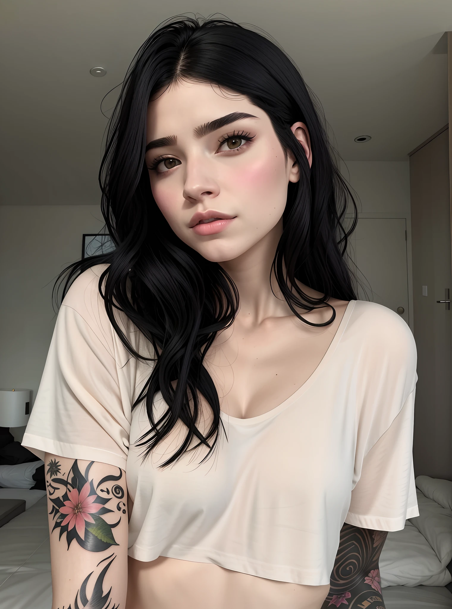 A closeup of a beautiful woman with a tattoo on her arm, menina atraente, Foto de perfil do headshot, cabelo e maquiagem escuros, cabelo escuro maravilhoso, with pale skin, pale glowing skin, She has black hair, messy black hair, pale fair skin!!, menina com cabelo preto, Kaitlyn Michelle Siragusa, cabelo preto rosto bonito, pale skin!, cabelos escuros