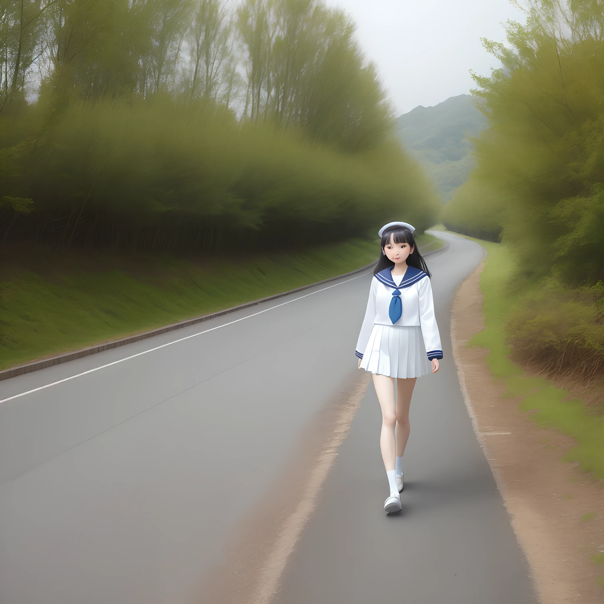 Skinny girl in JK sailor suit，The legs are thin and do not exceed the knee in white silk，Take a walk in the beautiful landscape